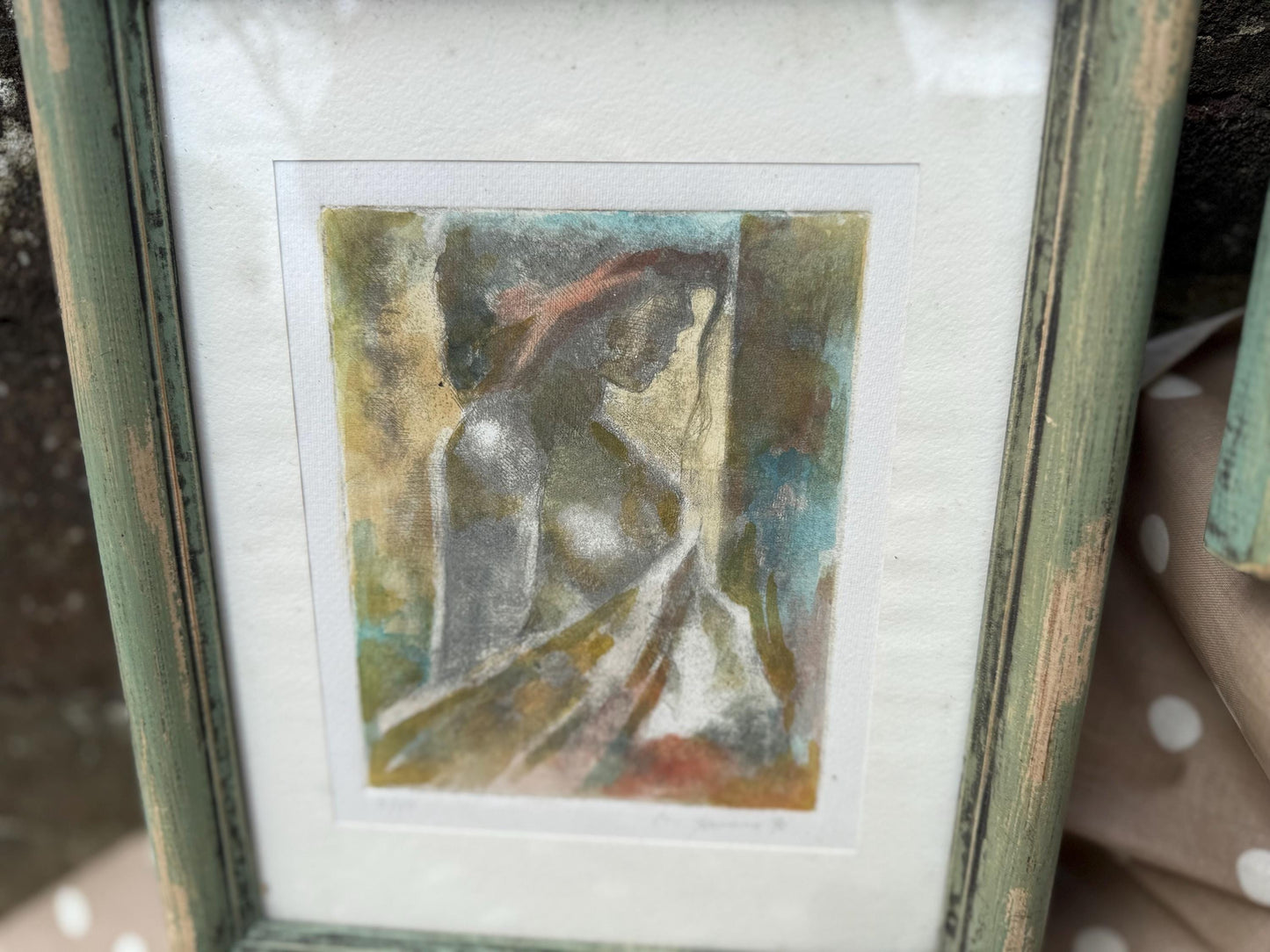 Vintage chunky green painted and glazed wooden frames with Italian inspired signed F. Formosa prints (24cm x 28.5cm)