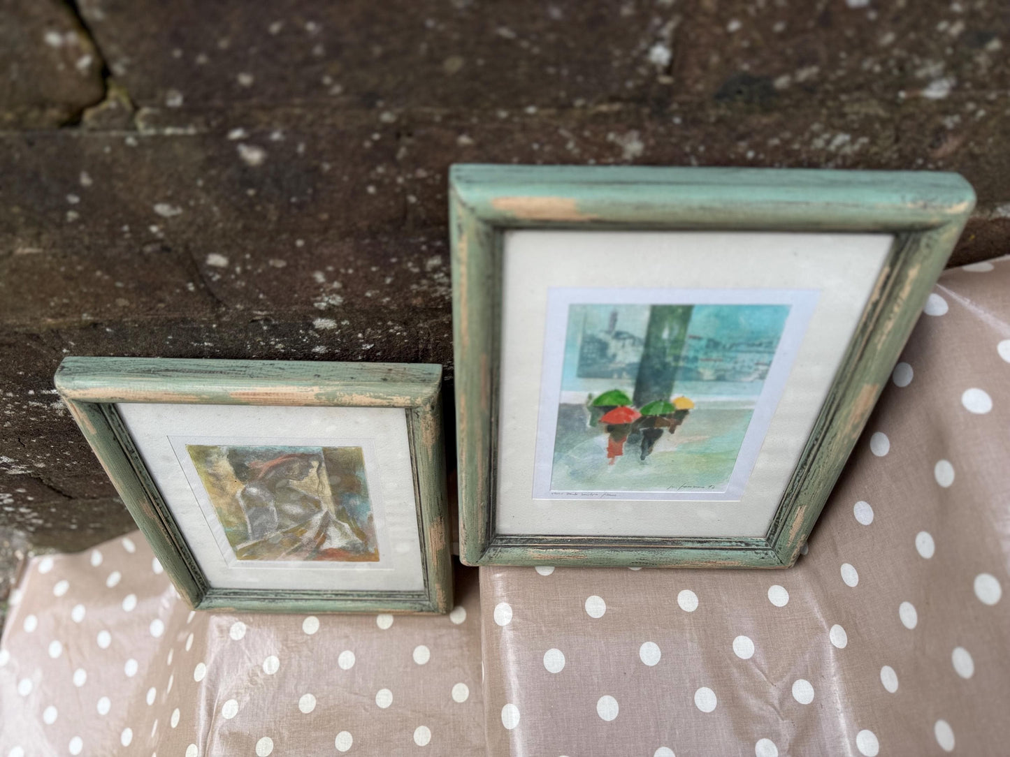 Vintage chunky green painted and glazed wooden frames with Italian inspired signed F. Formosa prints (24cm x 28.5cm)