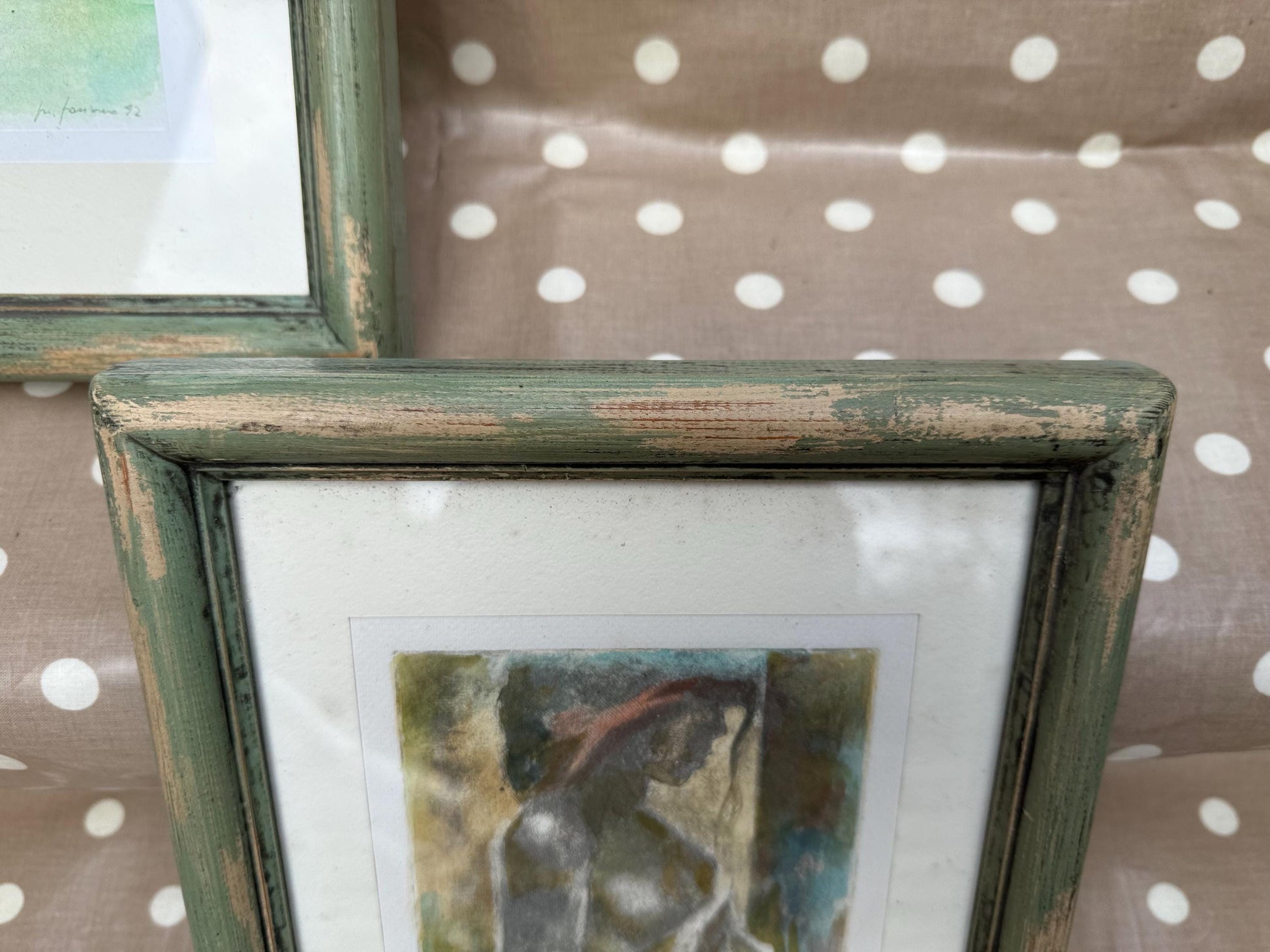 Vintage chunky green painted and glazed wooden frames with Italian inspired signed F. Formosa prints (24cm x 28.5cm)
