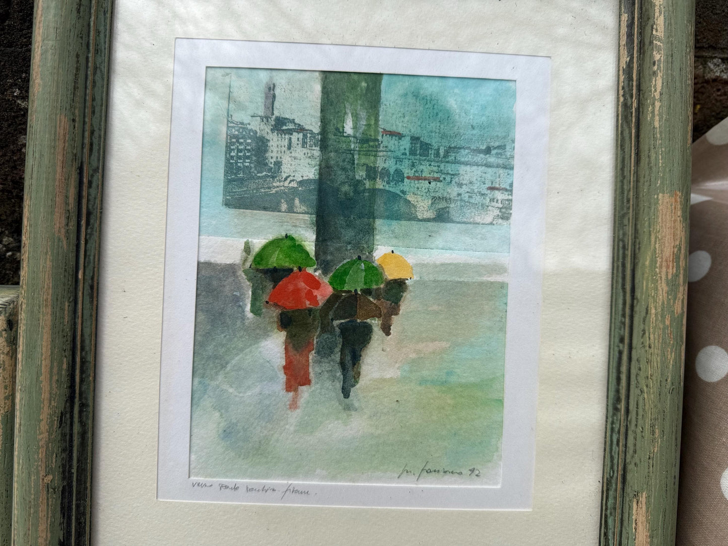 Vintage chunky green painted and glazed wooden frames with Italian inspired signed F. Formosa prints (24cm x 28.5cm)