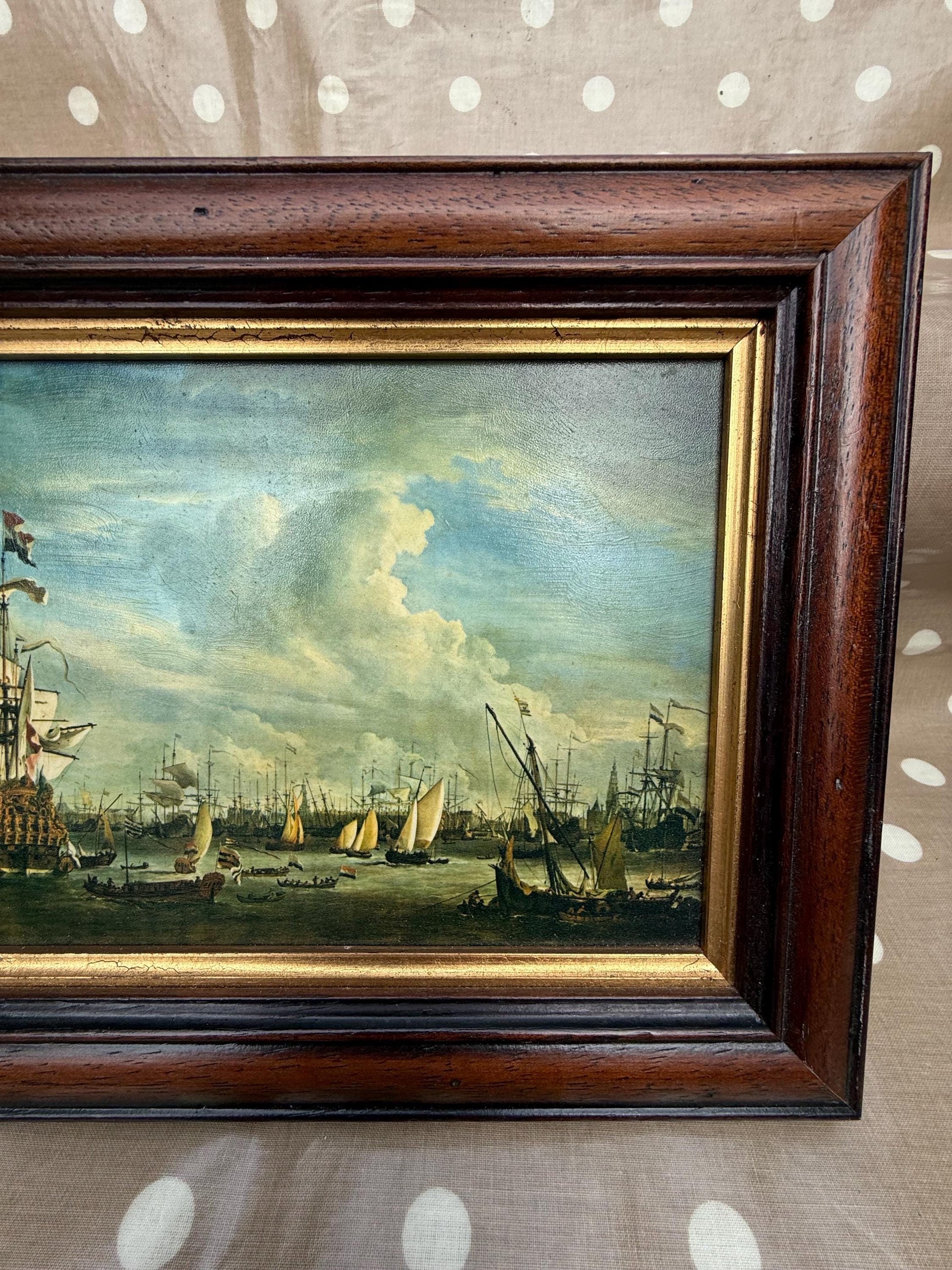 Small Vintage Maritime Naval Prints in quality frames, Willem van de Velde 17th C paintings (Port d'Amsterdam & Combat Naval La Mer Du Nord)