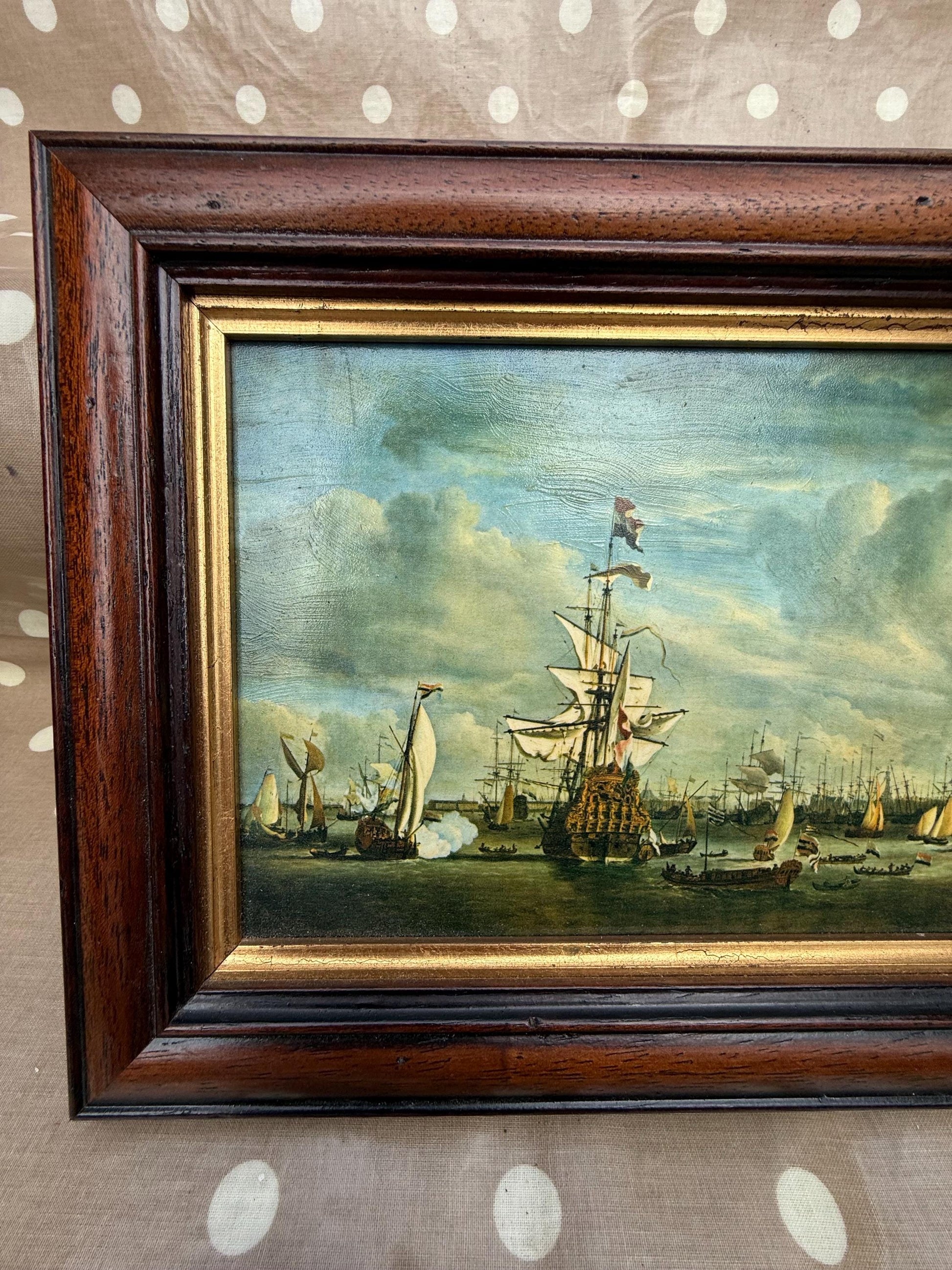 Small Vintage Maritime Naval Prints in quality frames, Willem van de Velde 17th C paintings (Port d'Amsterdam & Combat Naval La Mer Du Nord)