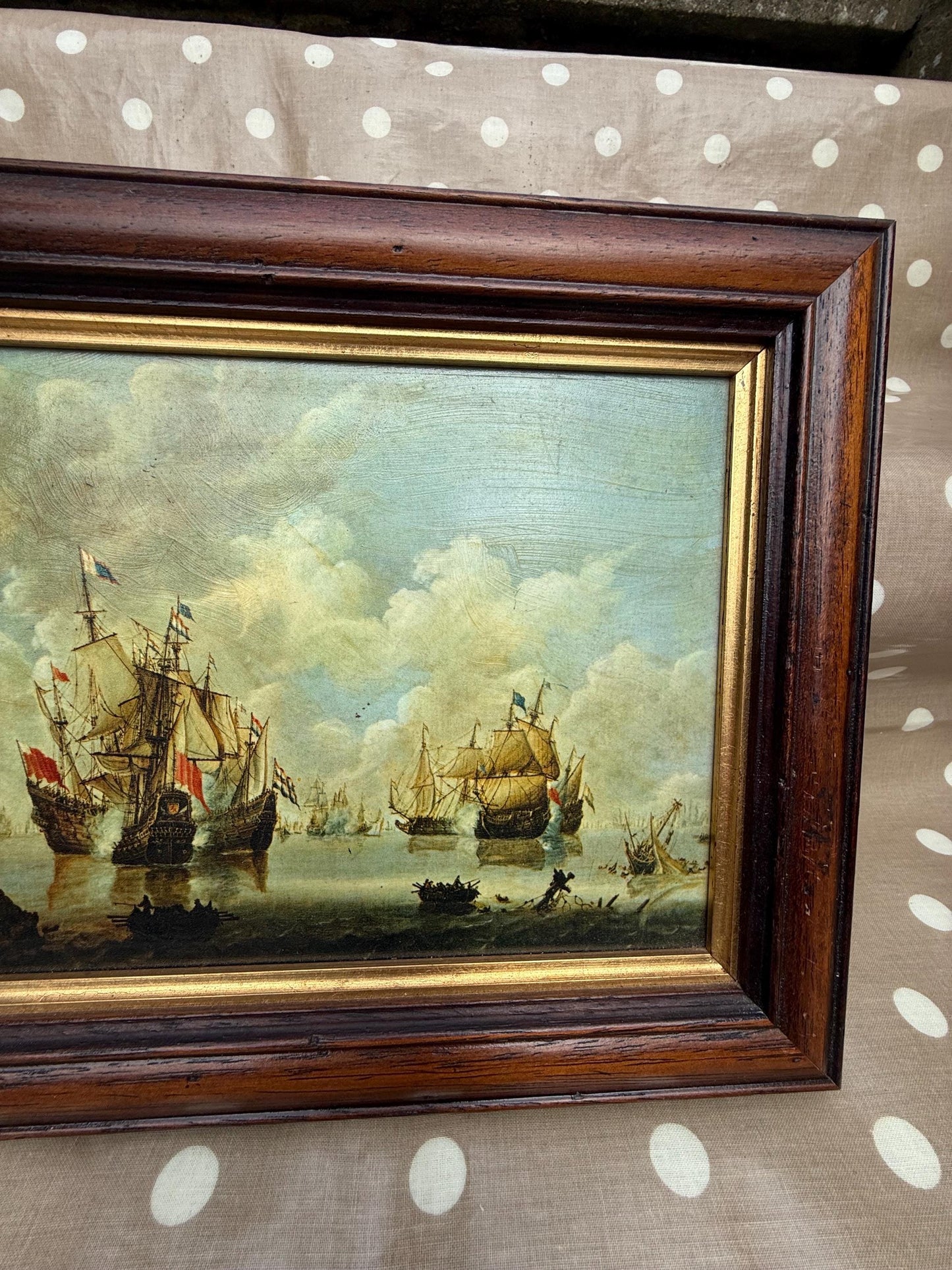 Small Vintage Maritime Naval Prints in quality frames, Willem van de Velde 17th C paintings (Port d'Amsterdam & Combat Naval La Mer Du Nord)