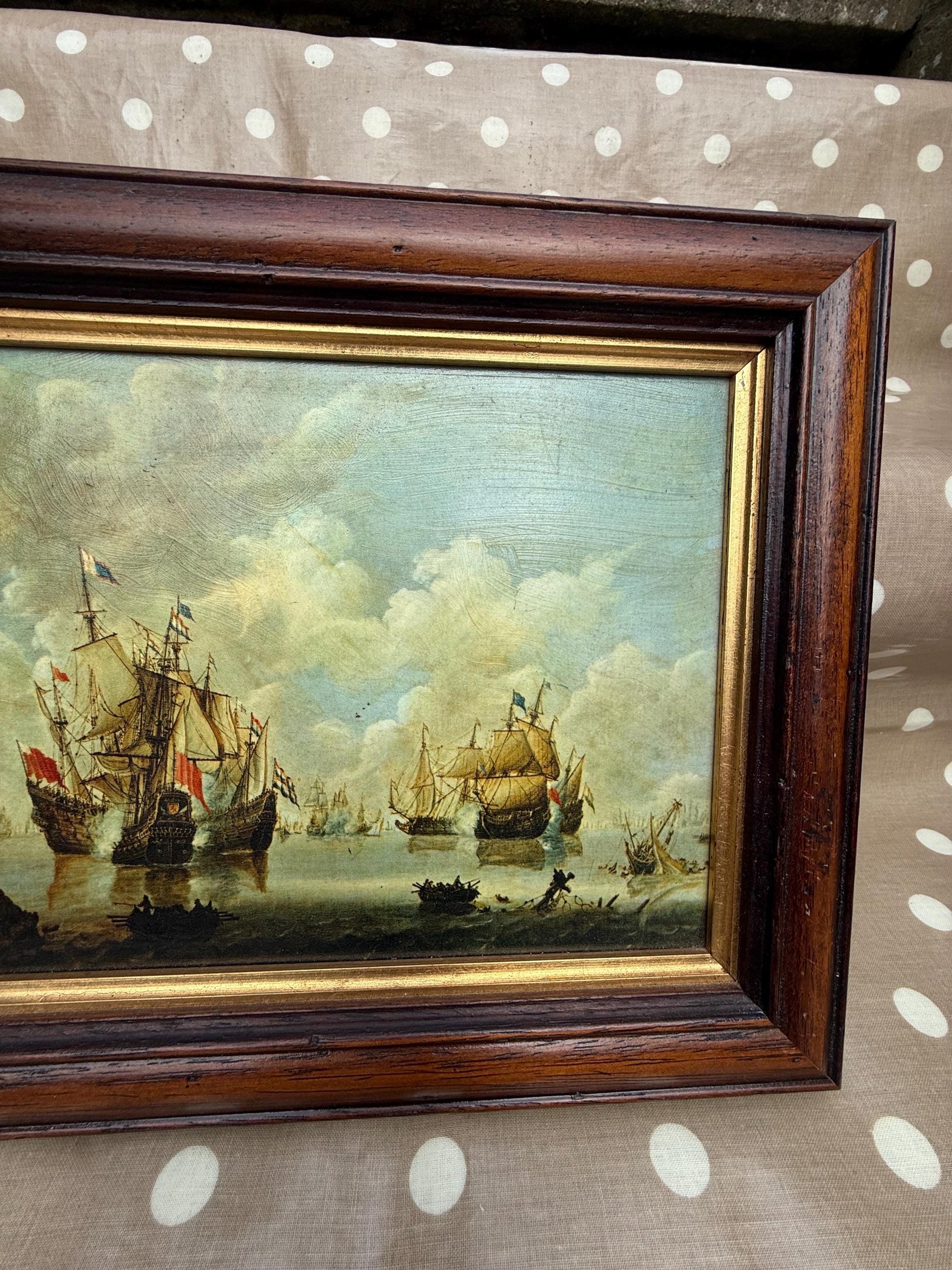 Small Vintage Maritime Naval Prints in quality frames, Willem van de Velde 17th C paintings (Port d'Amsterdam & Combat Naval La Mer Du Nord)