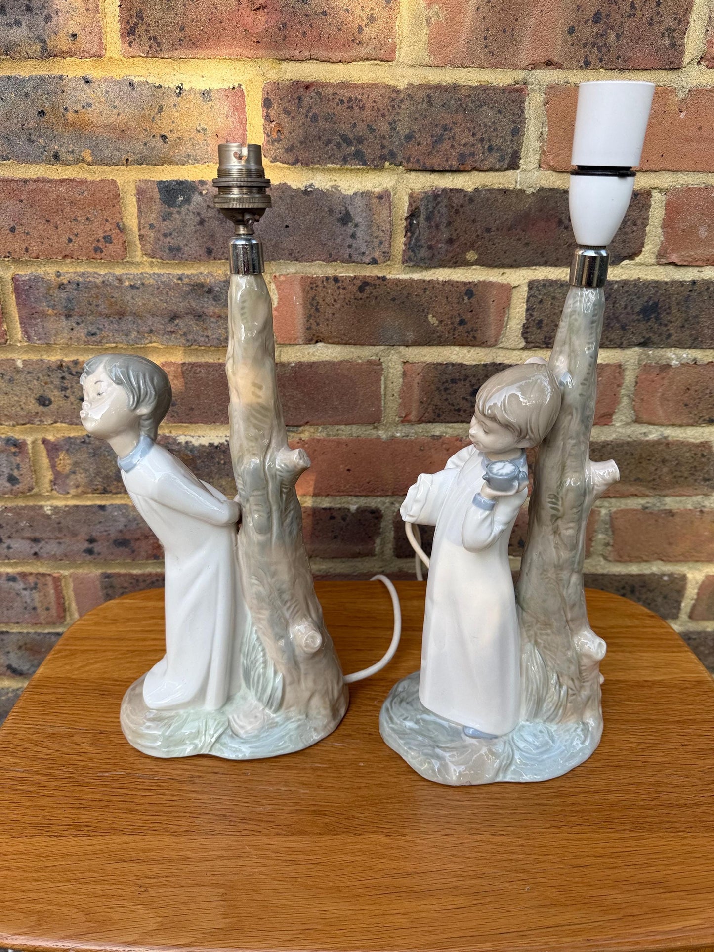 Pair Vintage Retro Lladro Bedtime Character Porcelain Lamps - Going to Bed, Kiss Me Goodnight - PAT tested, Excellent condition