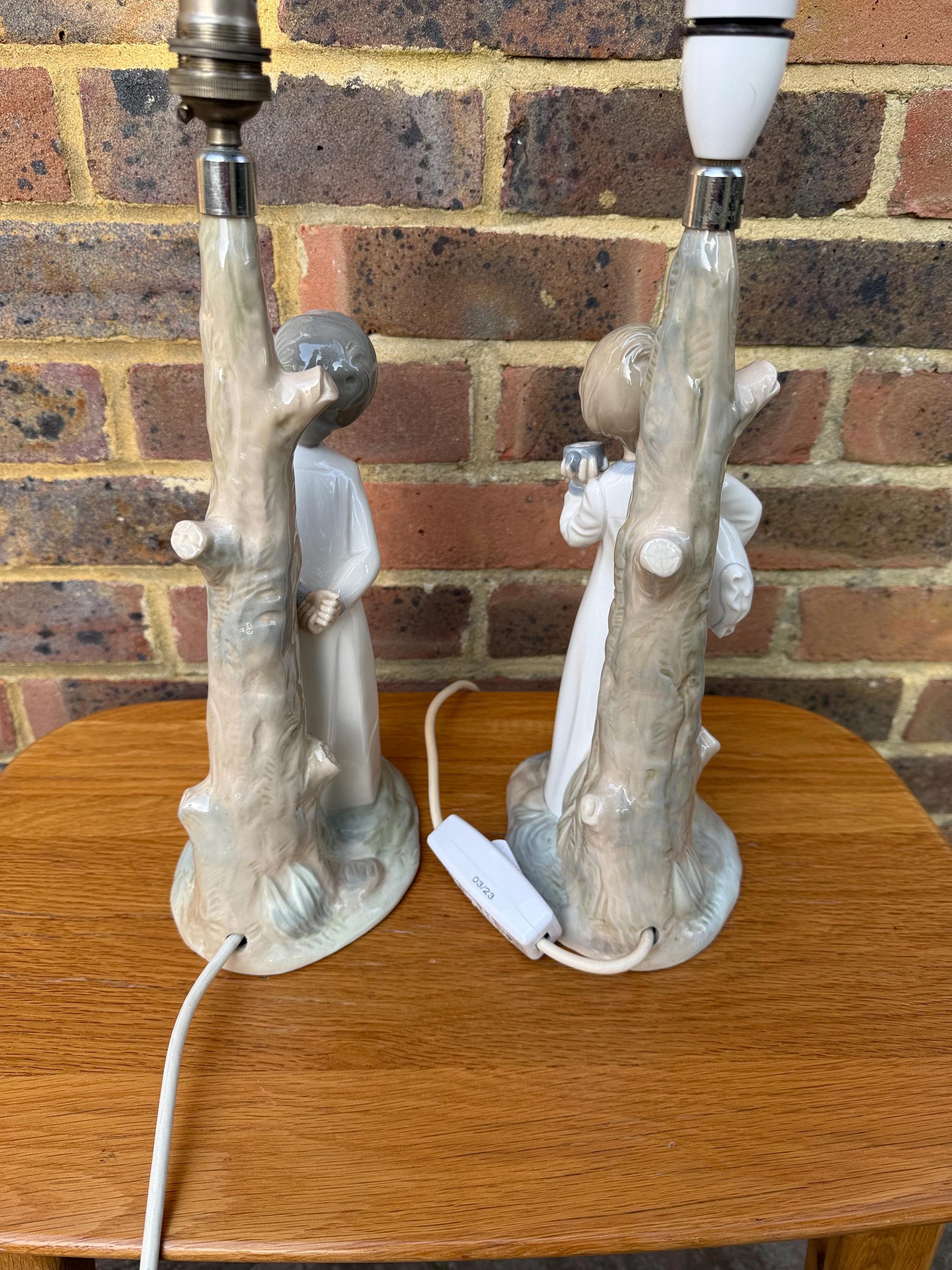 Pair Vintage Retro Lladro Bedtime Character Porcelain Lamps - Going to Bed, Kiss Me Goodnight - PAT tested, Excellent condition