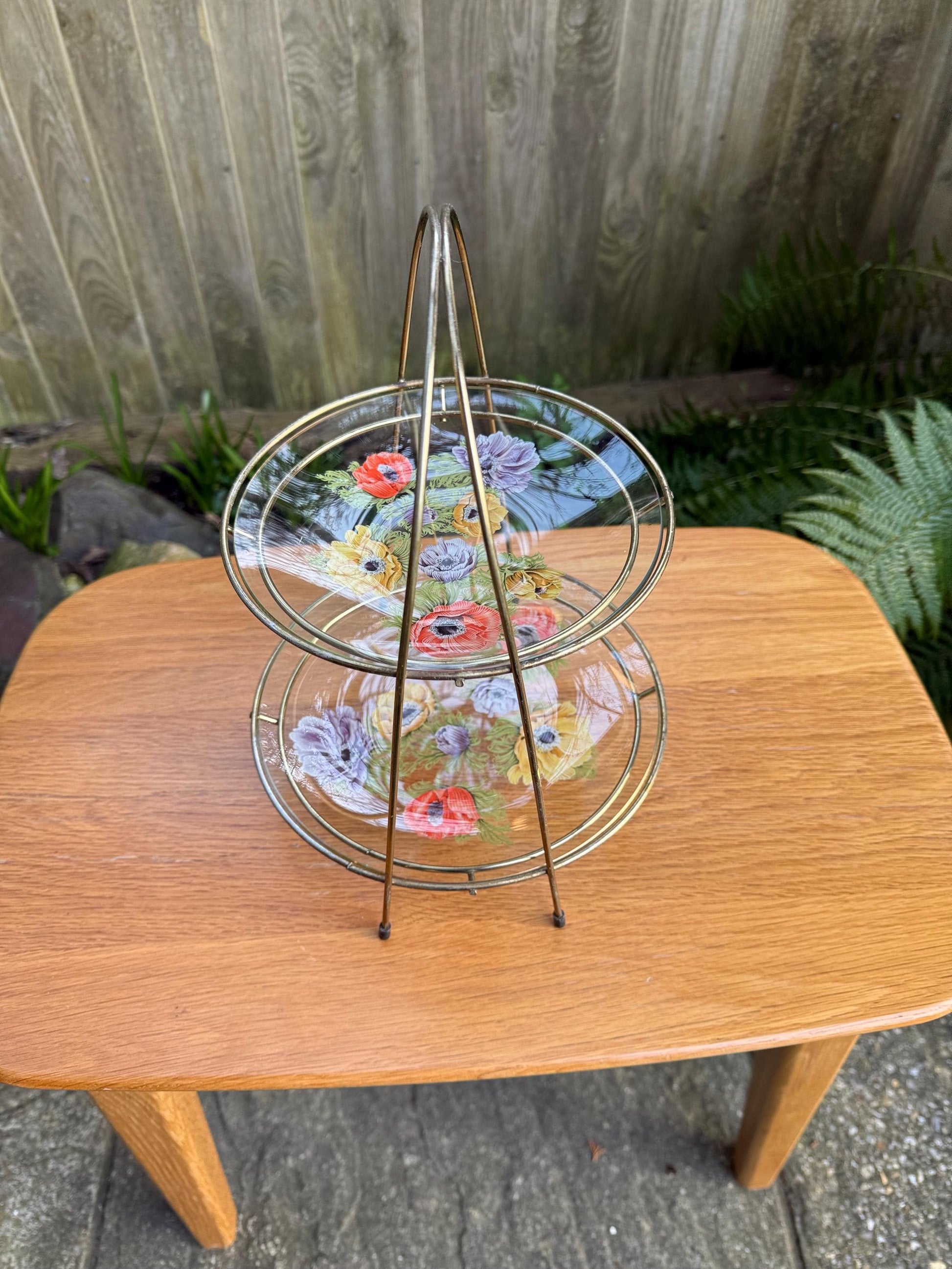 Tiered Vintage Retro Cake Plate Stand - two delicate glass painted plates in retro metal stand