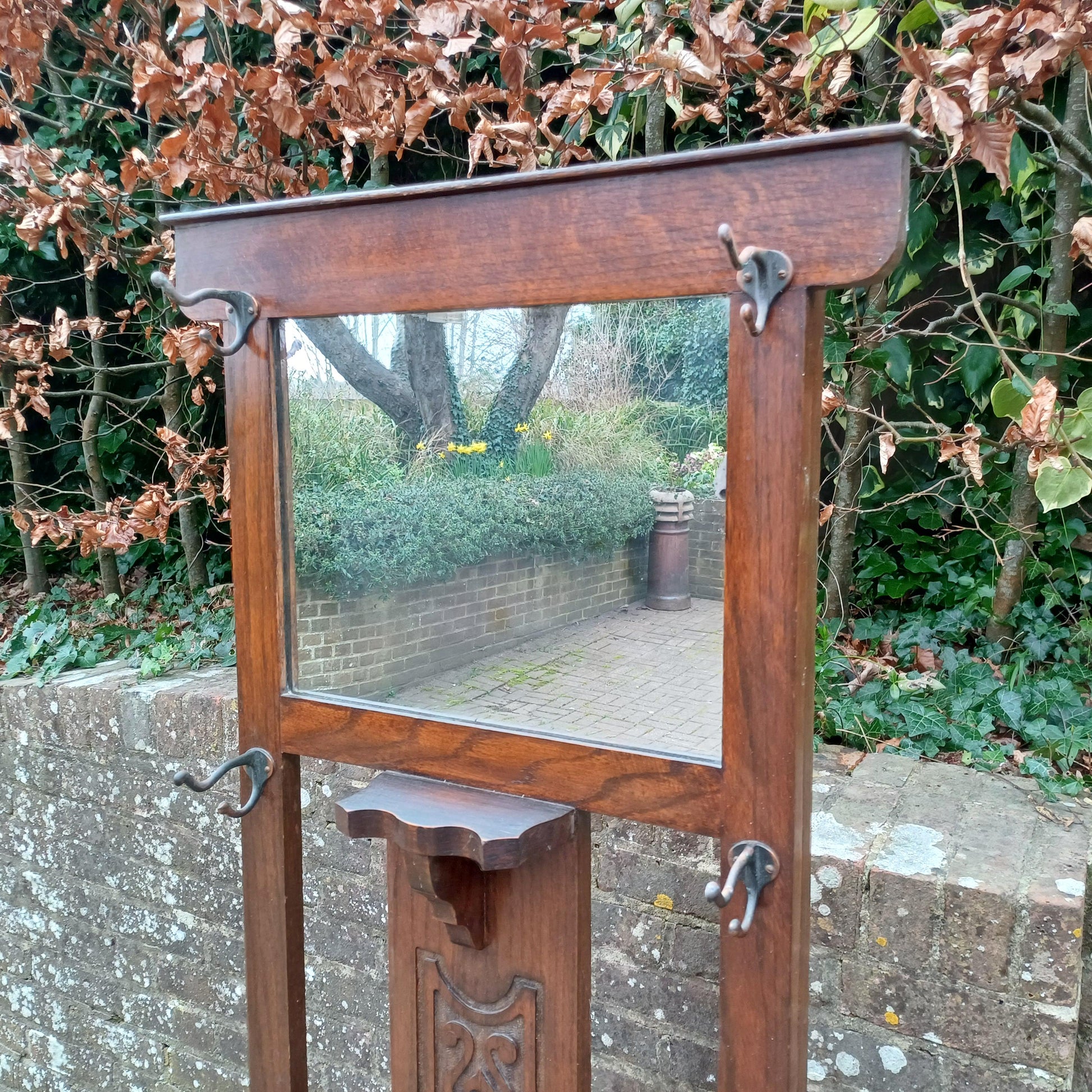 Vintage Antique Arts and Crafts Hall Stand – Oak Wood Coat Rack with Mirror and Umbrella Holder FREE HAND Delivery