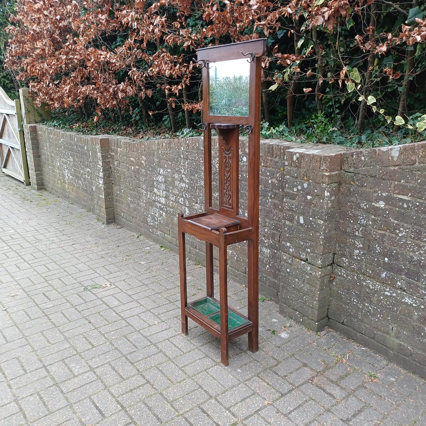 Vintage Antique Arts and Crafts Hall Stand – Oak Wood Coat Rack with Mirror and Umbrella Holder FREE HAND Delivery