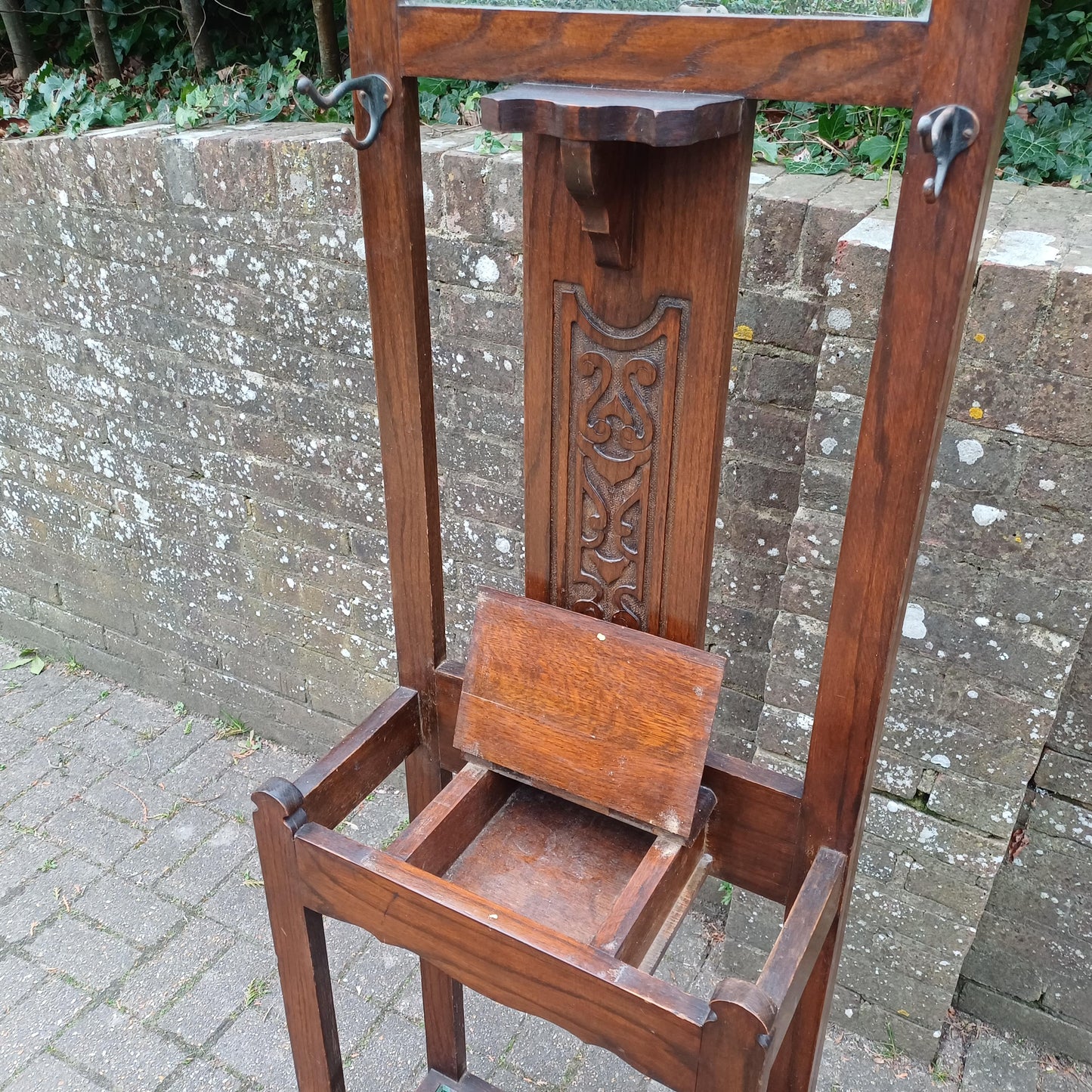 Vintage Antique Arts and Crafts Hall Stand – Oak Wood Coat Rack with Mirror and Umbrella Holder FREE HAND Delivery
