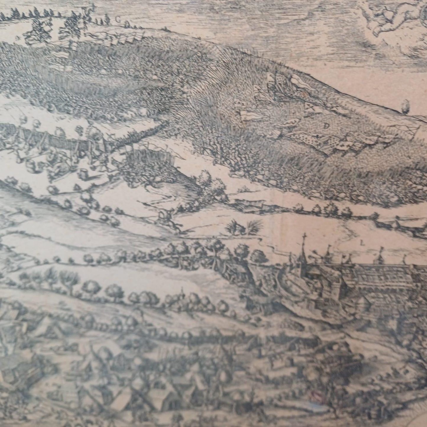 Early 1900s print of Engraving of 15th Century Burgundian Battle of Morat by Martin Martini in 1610 - militaria, vintage gilt glazed frame
