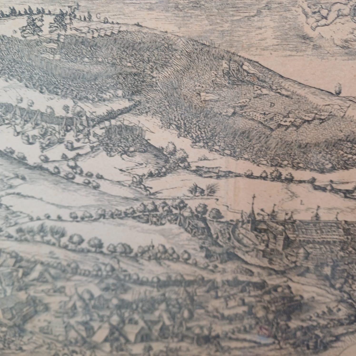 Early 1900s print of Engraving of 15th Century Burgundian Battle of Morat by Martin Martini in 1610 - militaria, vintage gilt glazed frame