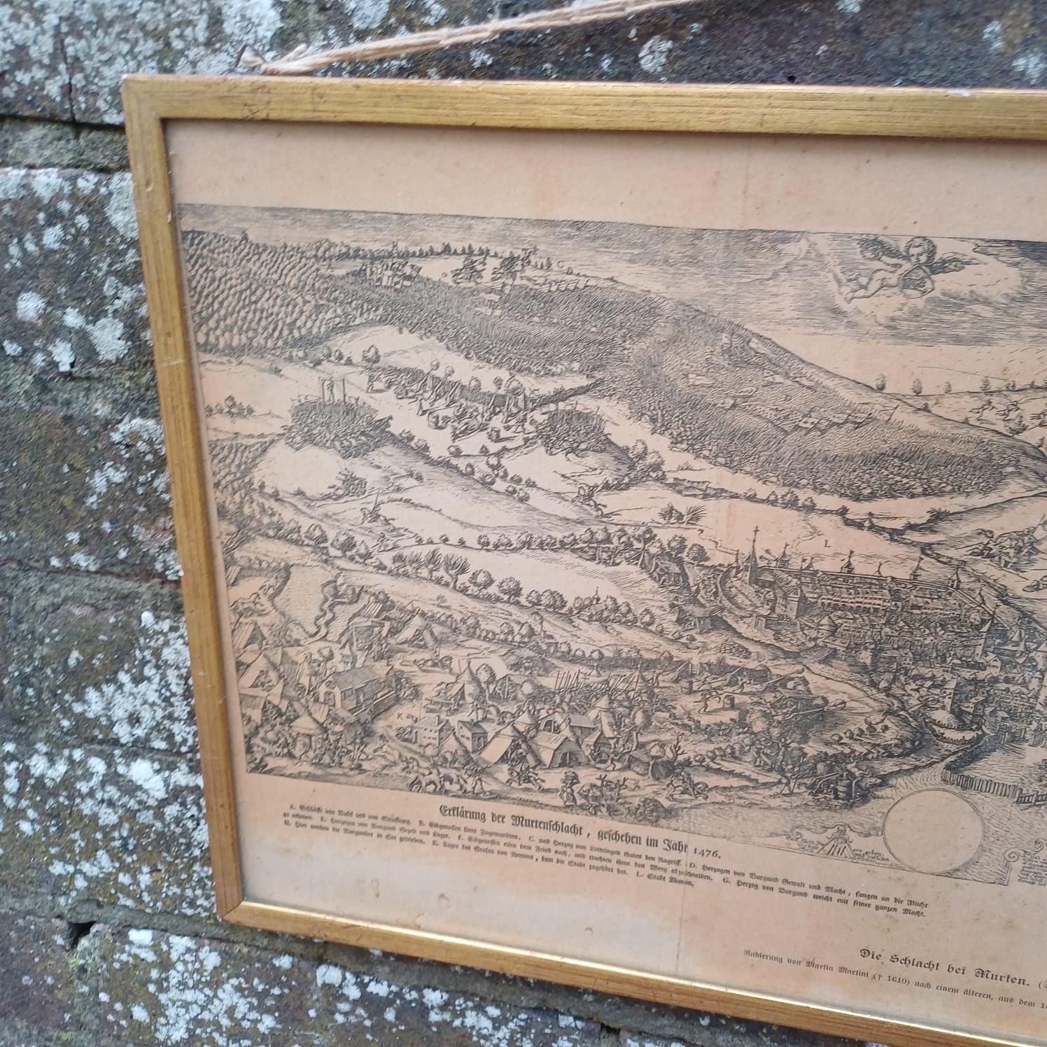 Early 1900s print of Engraving of 15th Century Burgundian Battle of Morat by Martin Martini in 1610 - militaria, vintage gilt glazed frame