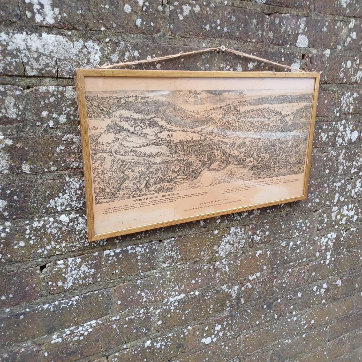 Early 1900s print of Engraving of 15th Century Burgundian Battle of Morat by Martin Martini in 1610 - militaria, vintage gilt glazed frame