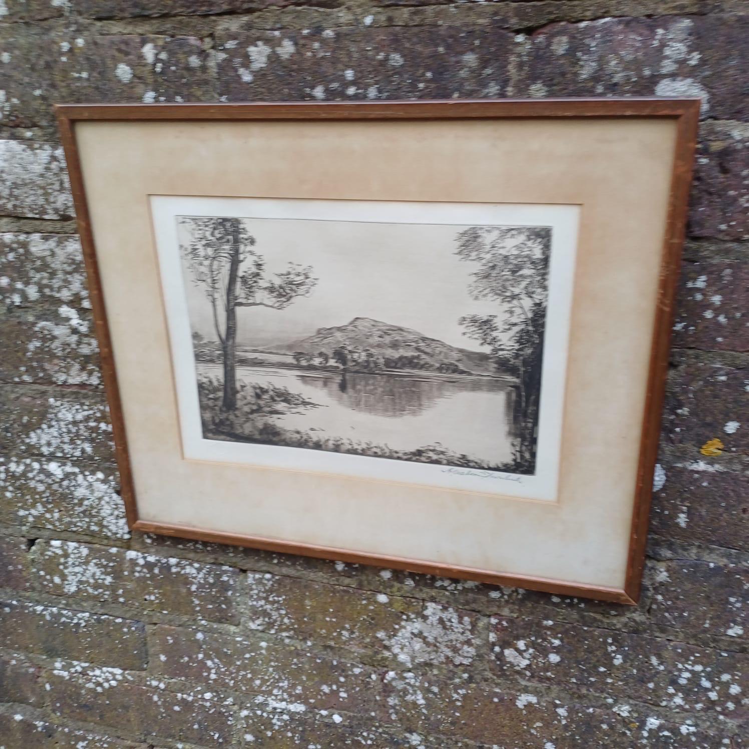 Early 1900s Etching signed print of Loch Lomond, Scotland, by Andrew Watson Turnbull (1874-1957). Gallery Proof. Vintage Glazed Frame.