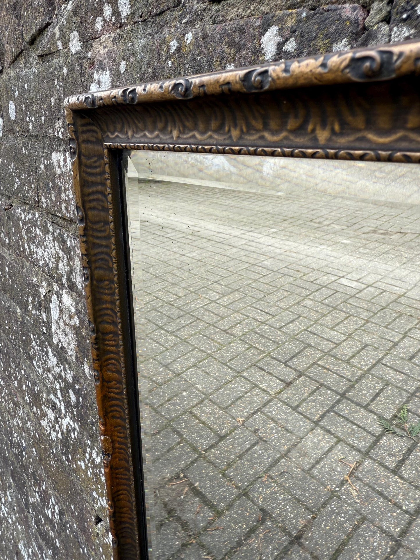 1930s Quality Gesso moulded bevelled small medium sized mirror, heavy vintage mirror with bevelled glass 49.5cm x 52cm - different class!