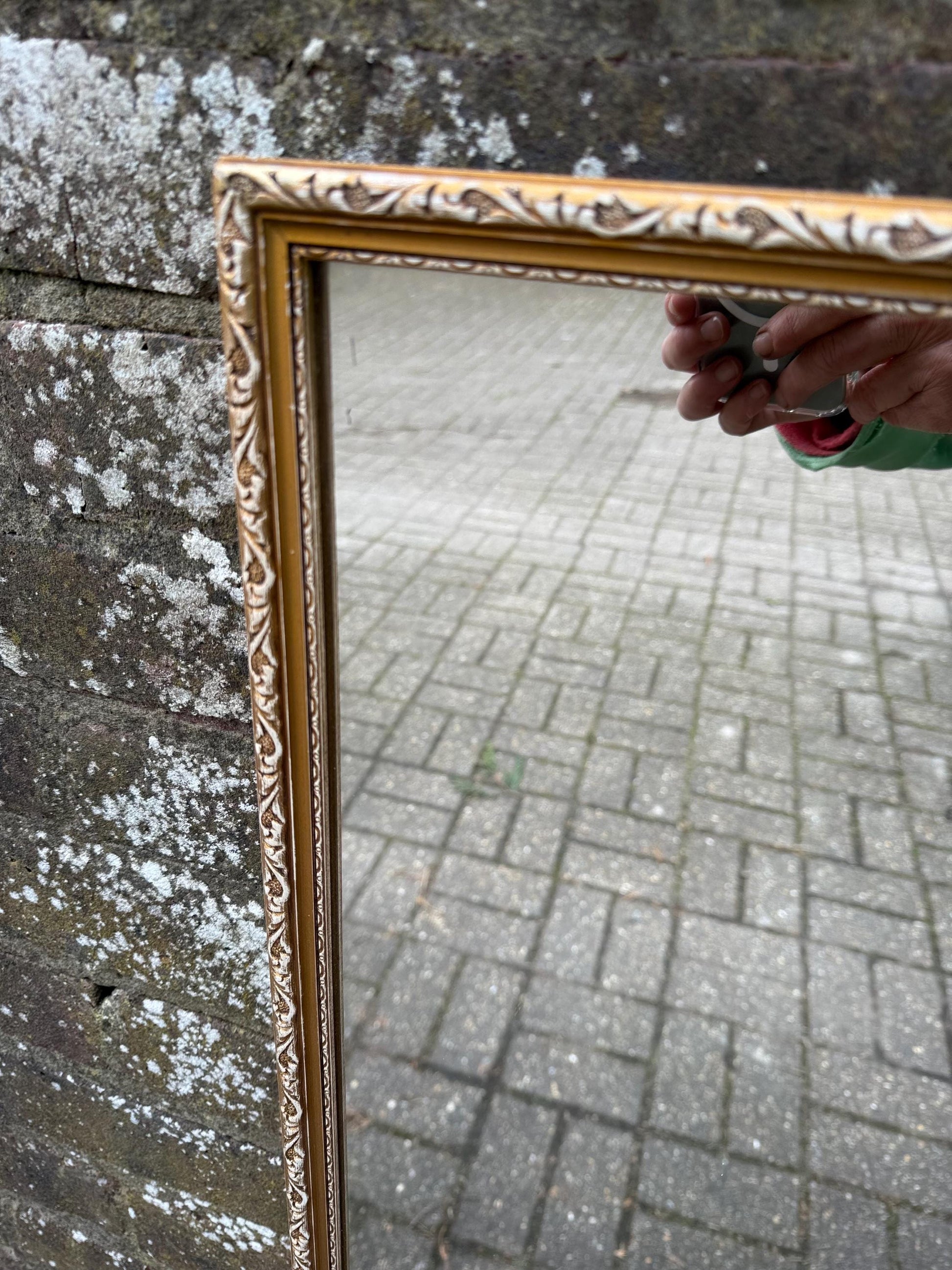 Hand finished Vintage 70s Retro Gilt Gold Wall Mirror with exposed white detail – vertical, portrait style