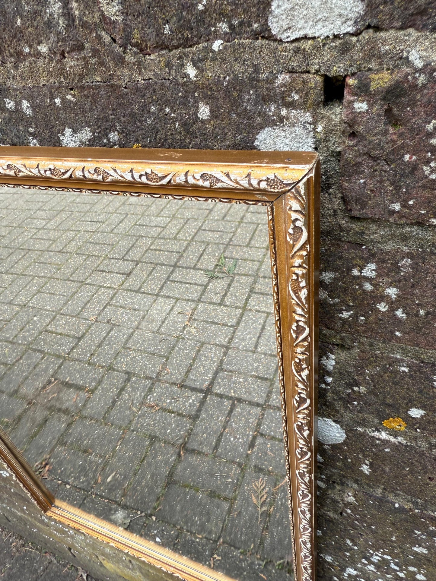 Hand finished Vintage 70s Retro Gilt Gold Wall Mirror with exposed white detail – vertical, portrait style