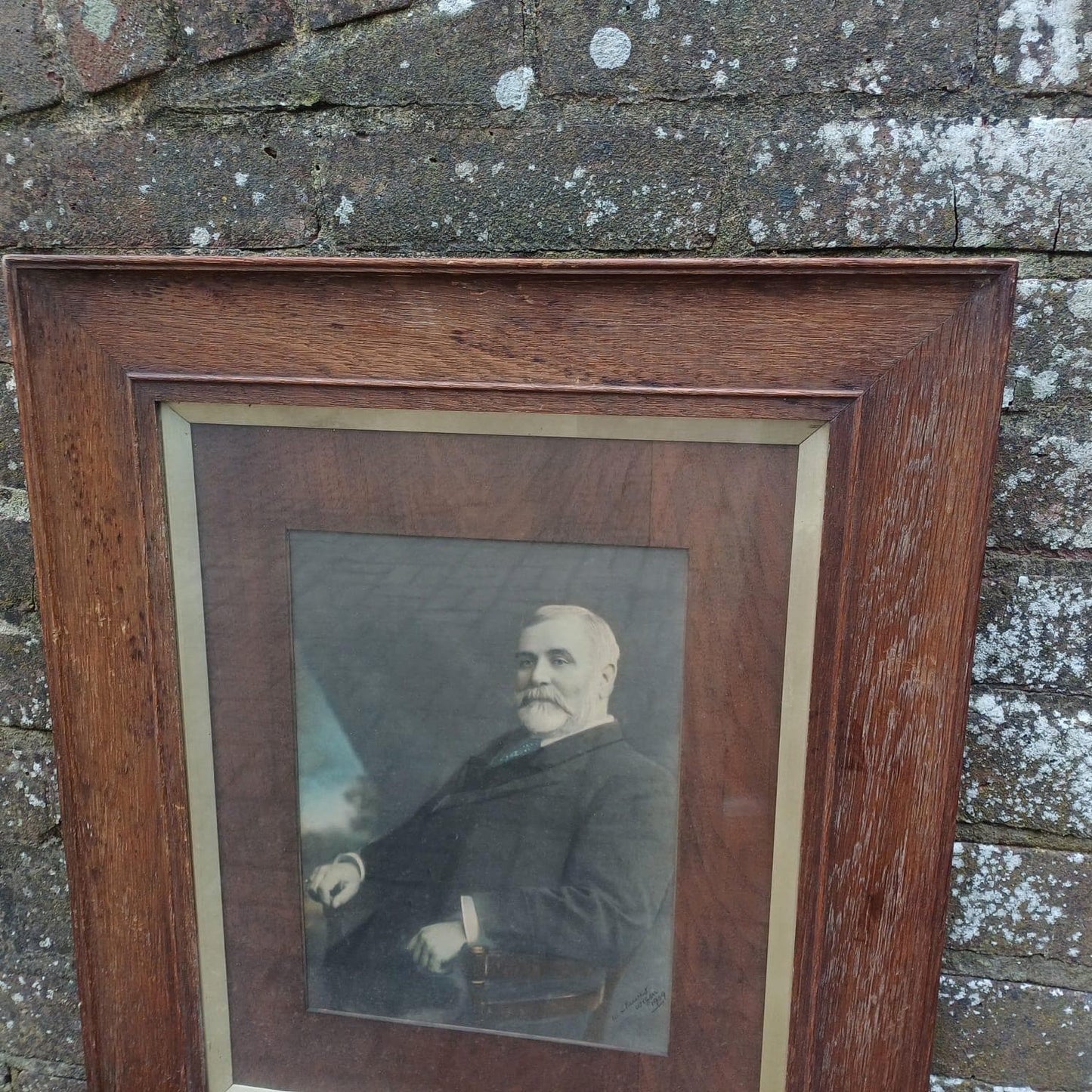 Framed vintage Edwardian photo in stunning wooden antique glazed frame – 1909 antique oak frame, photo by William Skewes, Wigan photographer