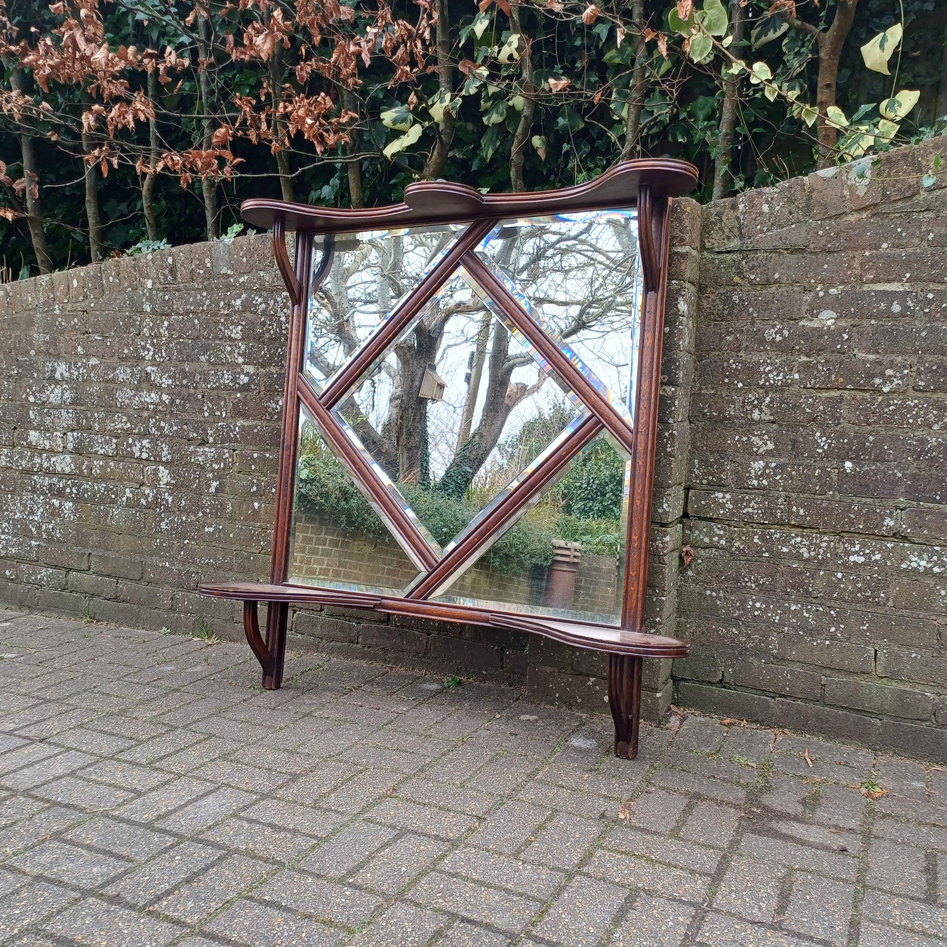 Rare Late Victorian Bevelled Wall Mirror Oak Frame 5Panel Glass Industrial Gothic Style Overmantel or Hanging Display FREE HAND Delivery