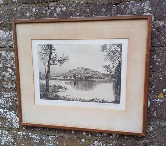 1900s etching by A Watson Turnbull of Loch Lomond, Scotland. Glazed vintage frame