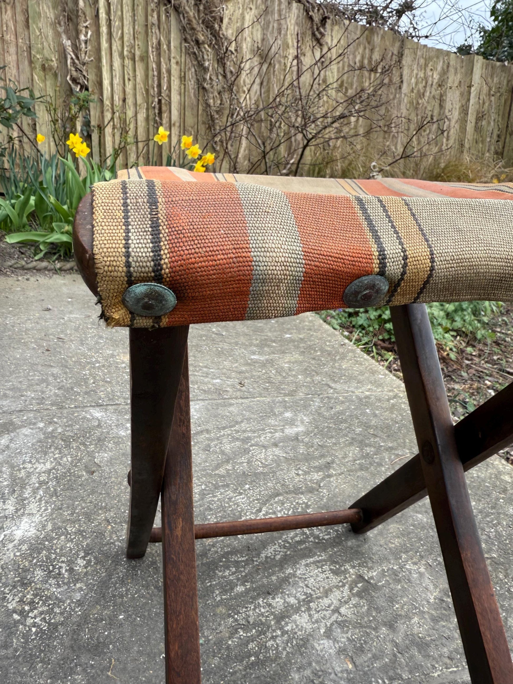 Early 1900s camping fishing outdoor folding stool, original striped canvas, campaign stool; vintage folding stool, vintage camping gear