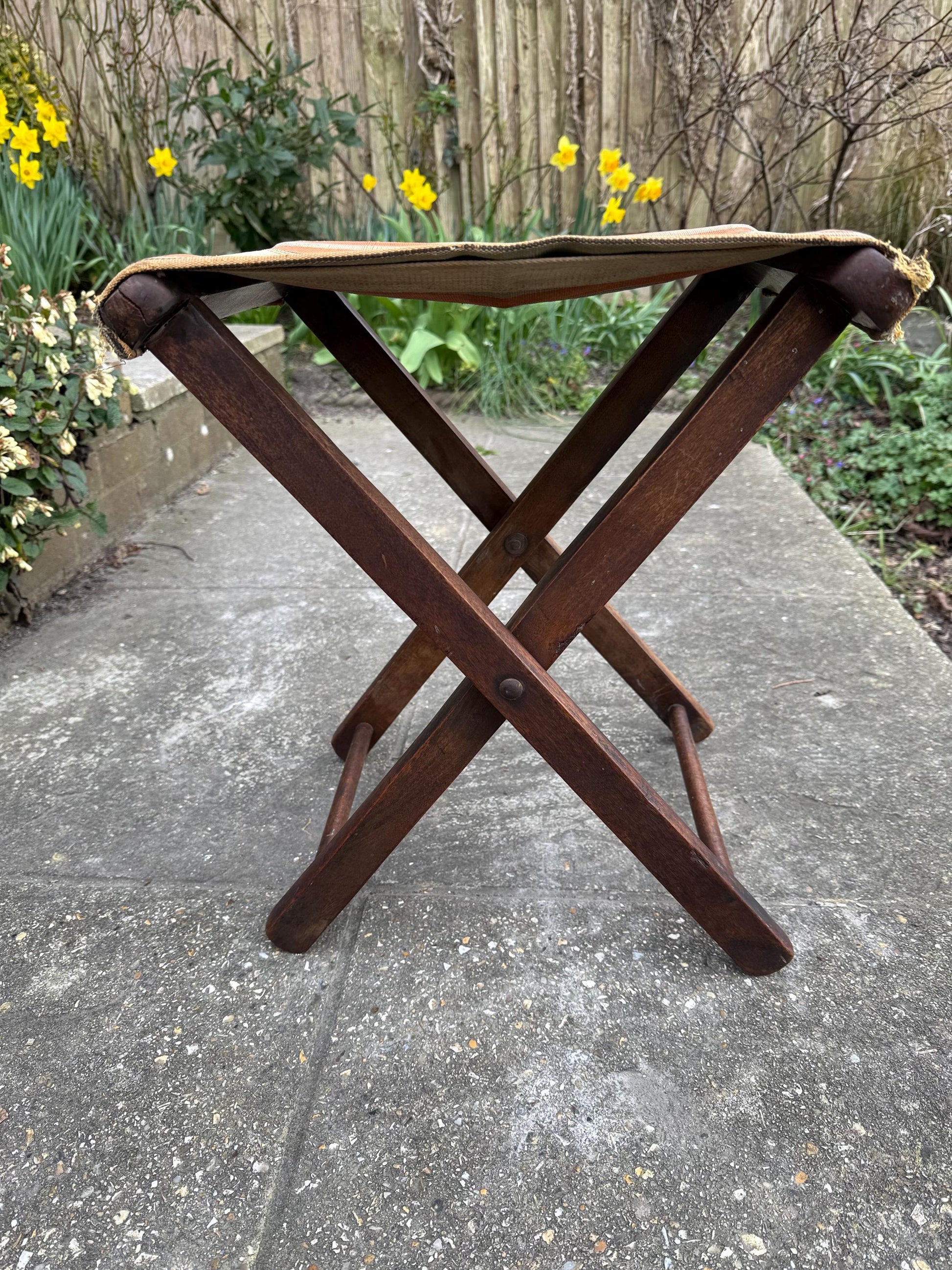 Early 1900s camping fishing outdoor folding stool, original striped canvas, campaign stool; vintage folding stool, vintage camping gear