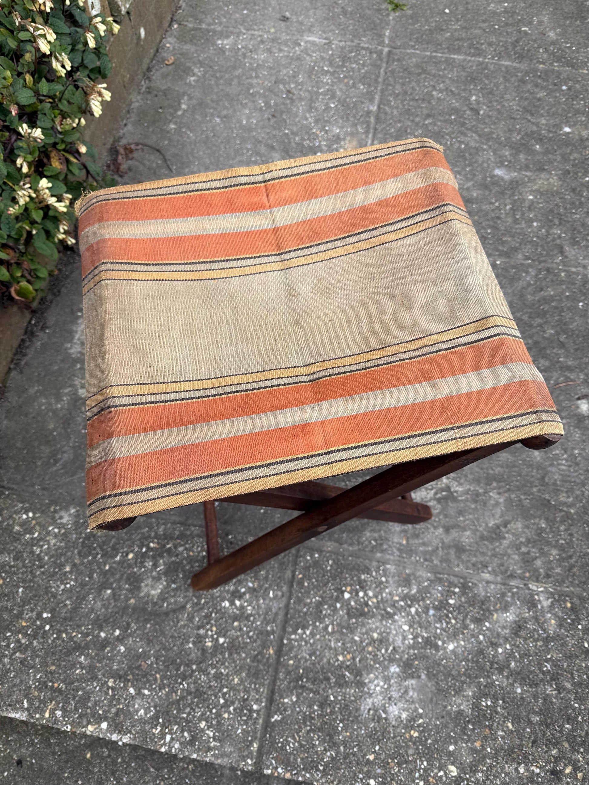 Early 1900s camping fishing outdoor folding stool, original striped canvas, campaign stool; vintage folding stool, vintage camping gear