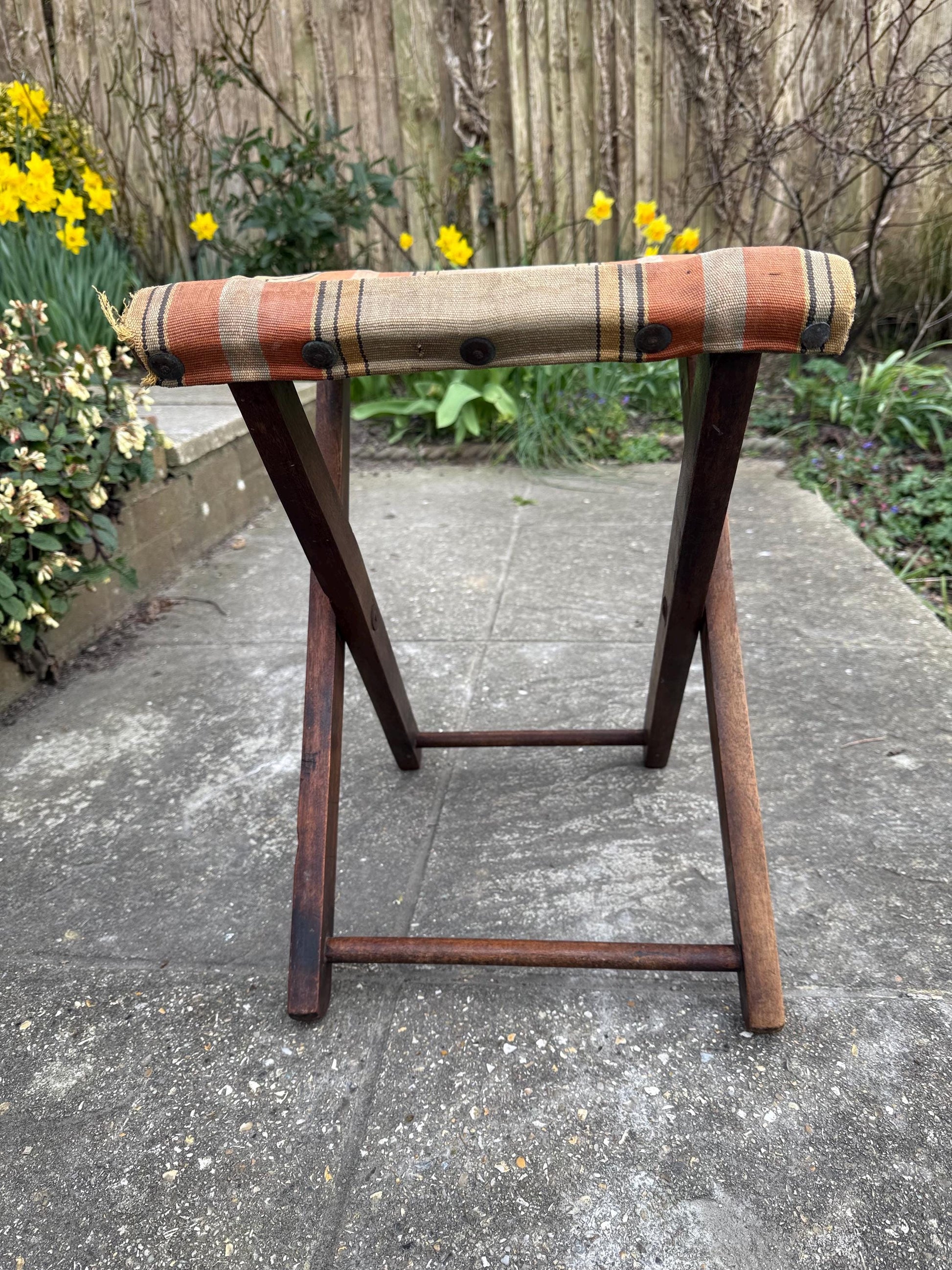 Early 1900s camping fishing outdoor folding stool, original striped canvas, campaign stool; vintage folding stool, vintage camping gear