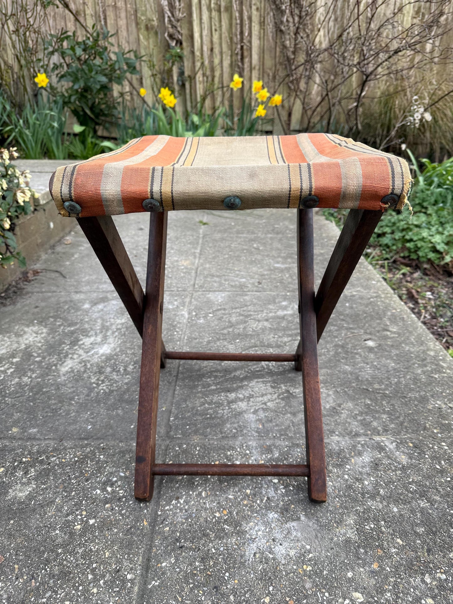Early 1900s camping fishing outdoor folding stool, original striped canvas, campaign stool; vintage folding stool, vintage camping gear