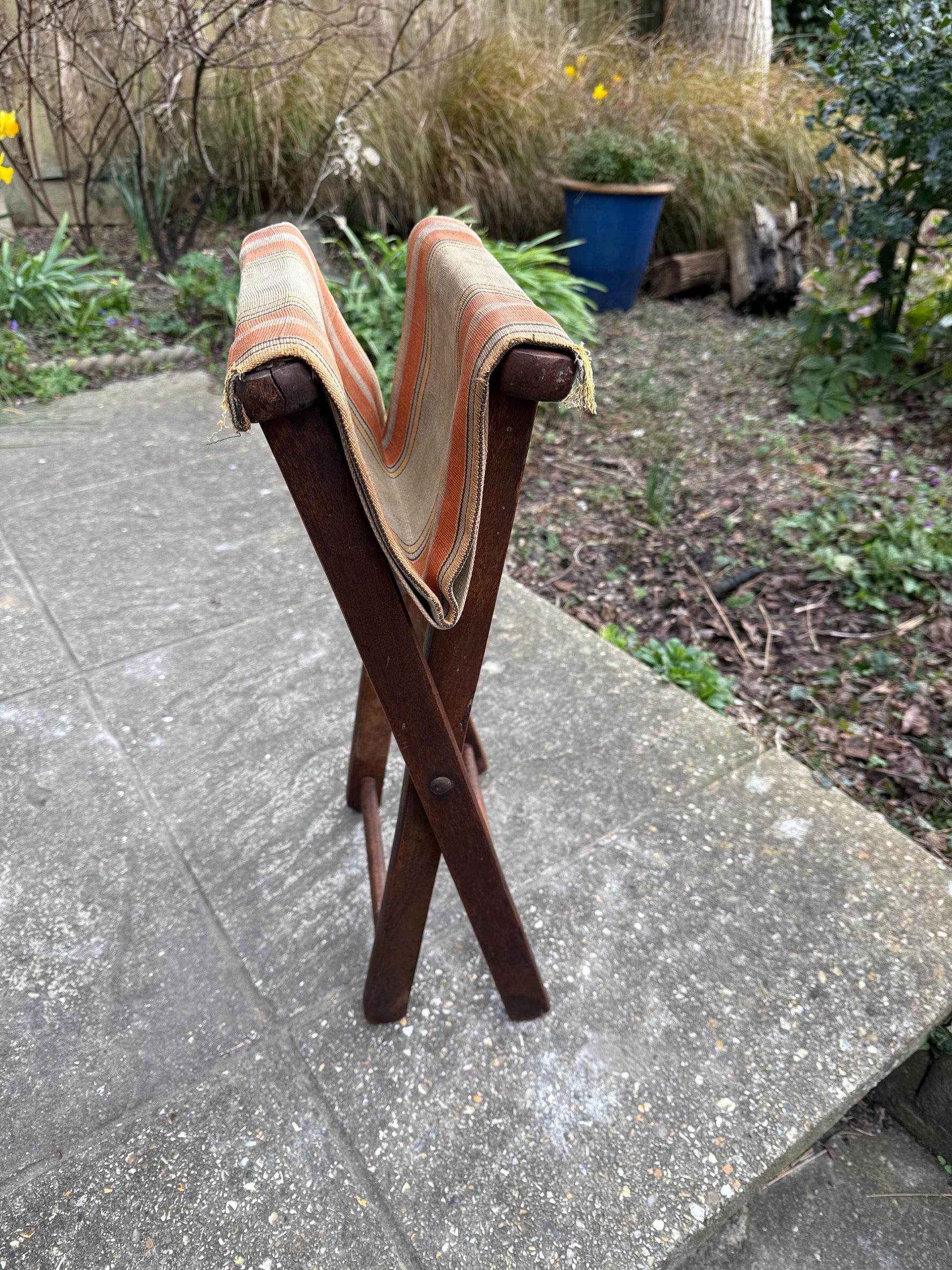 Early 1900s camping fishing outdoor folding stool, original striped canvas, campaign stool; vintage folding stool, vintage camping gear