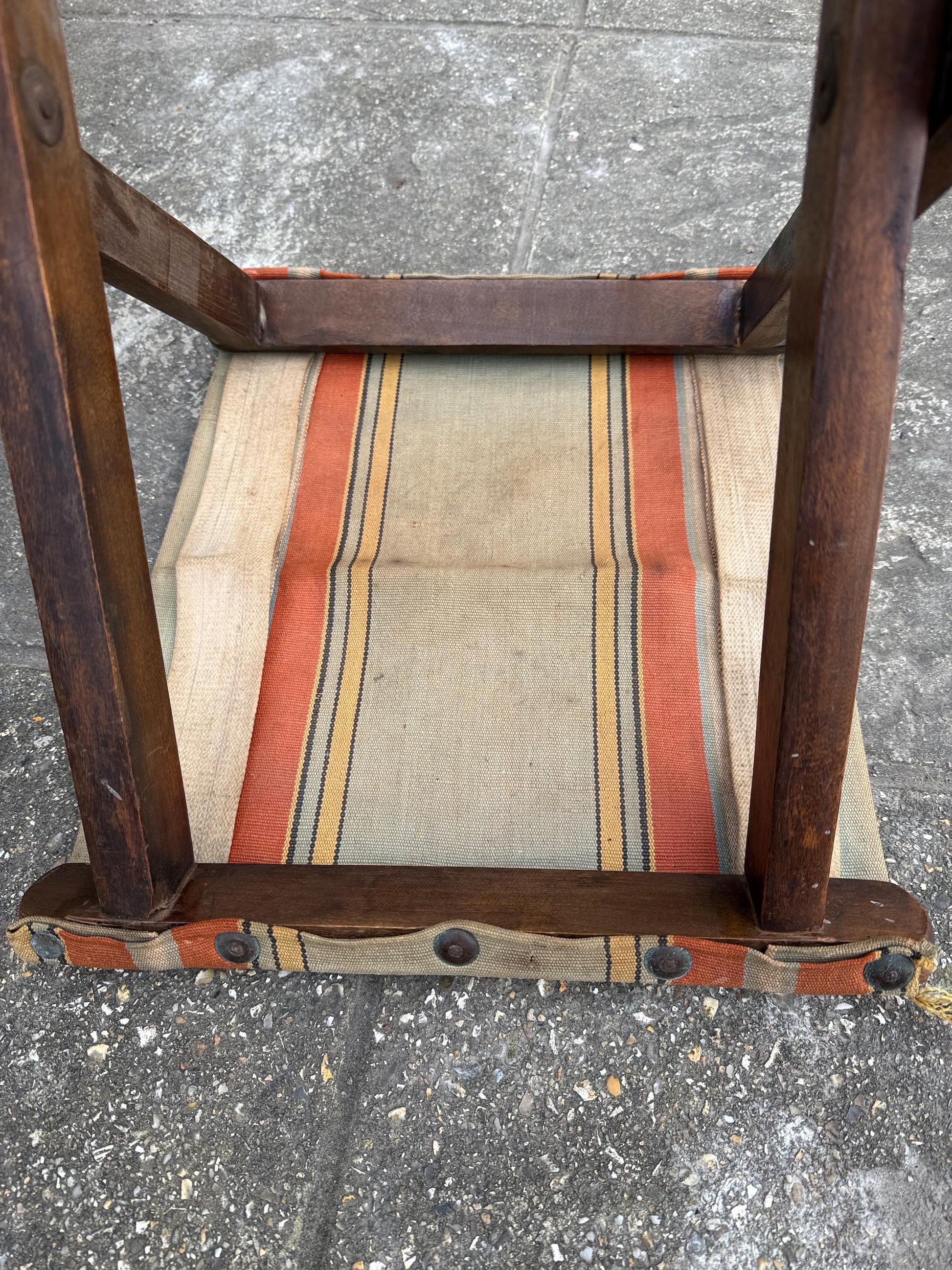 Early 1900s camping fishing outdoor folding stool, original striped canvas, campaign stool; vintage folding stool, vintage camping gear