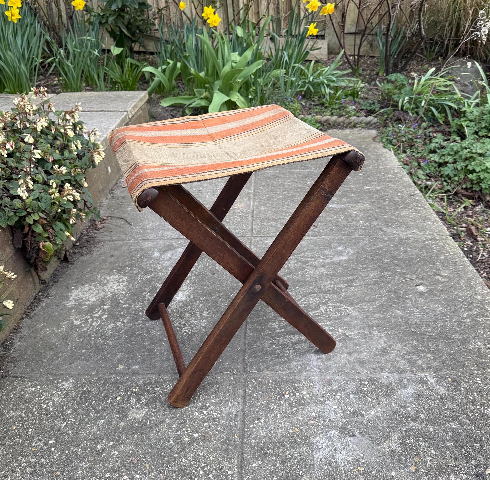 folding canvas stool. original 1900s stool. wooden stool with canvas seat. camping fishing campaign stool.