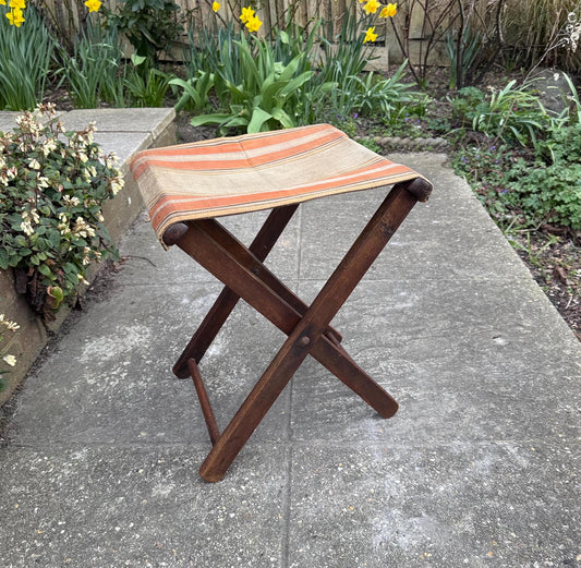 folding canvas stool. original 1900s stool. wooden stool with canvas seat. camping fishing campaign stool.