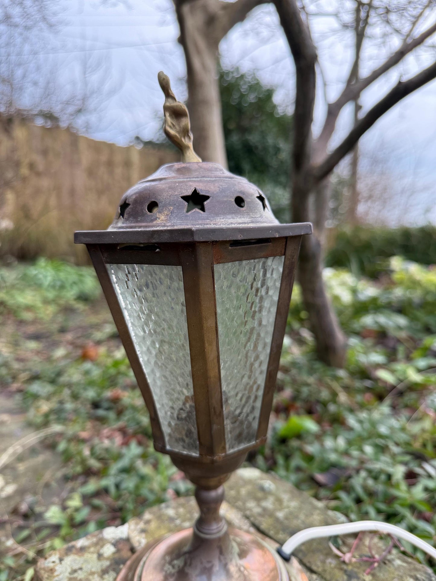 Unusual 1970s mock lantern table lamp, working vintage table lamp