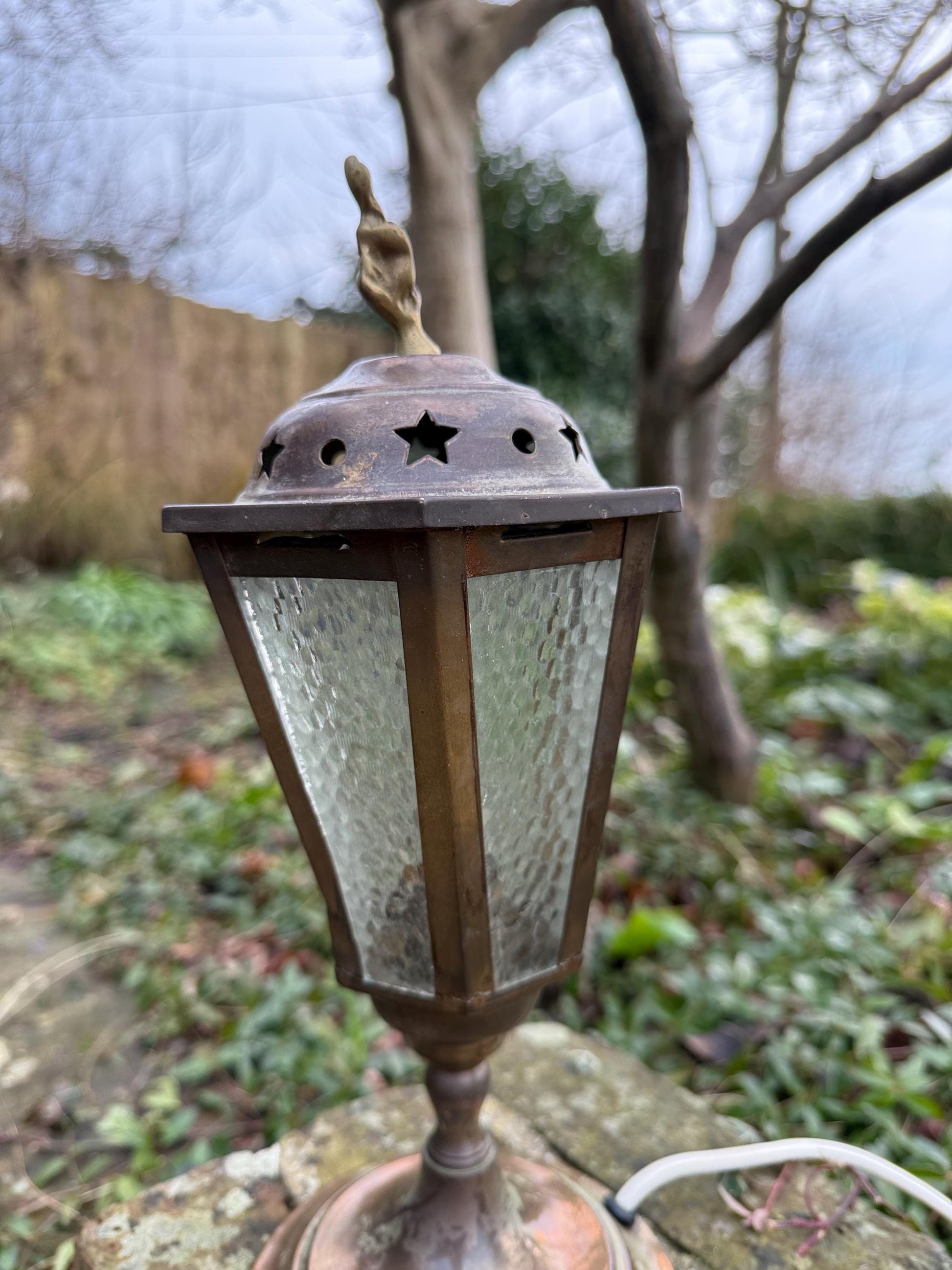 Unusual 1970s mock lantern table lamp, working vintage table lamp