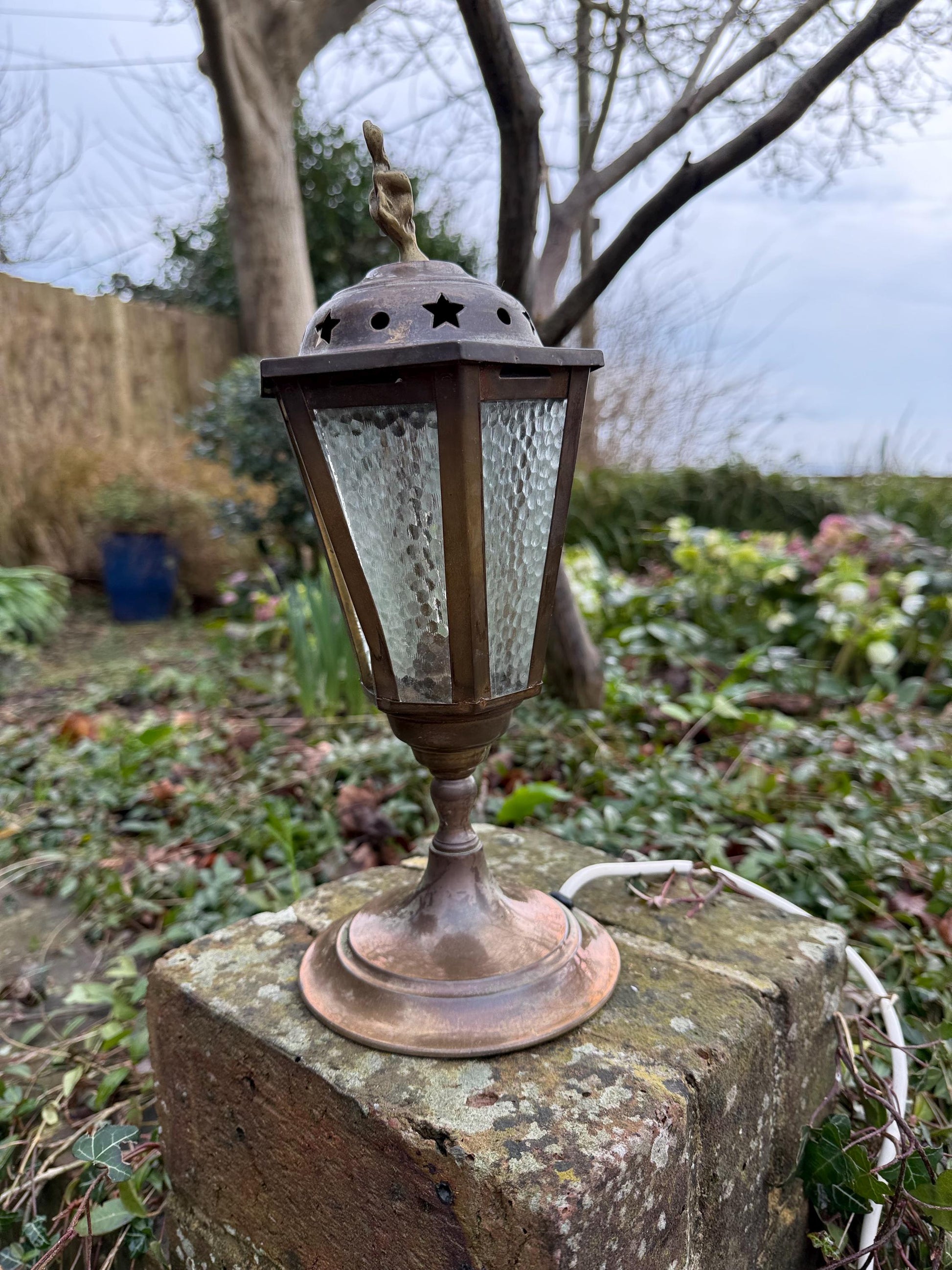 Unusual 1970s mock lantern table lamp, working vintage table lamp