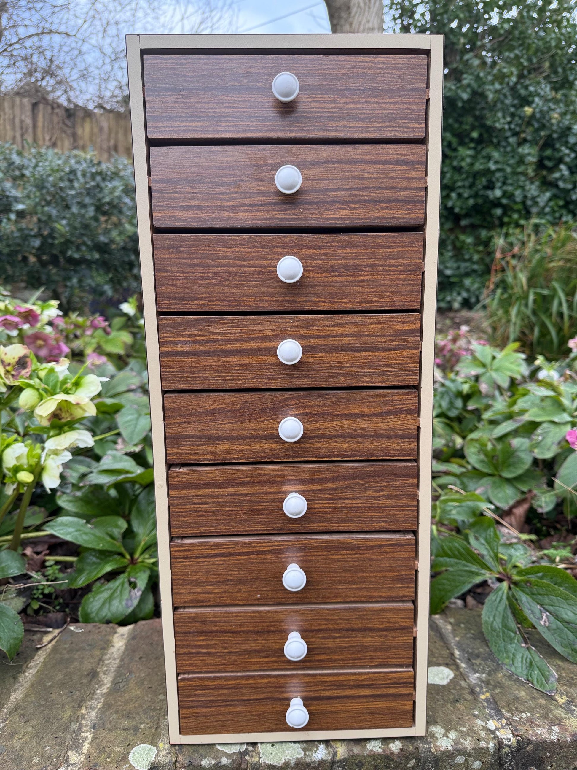 Smashing Formica Retro Drawers - small storage unit for a counter, bench or desk. Small item storage office, desk, sew, garage storage, lego