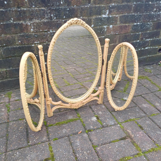 Classic Vintage Retro Kitsch Tri-Fold Composite Plastic Victorian Style Dressing Table Mirror – Dark Cream with Gold Highlights