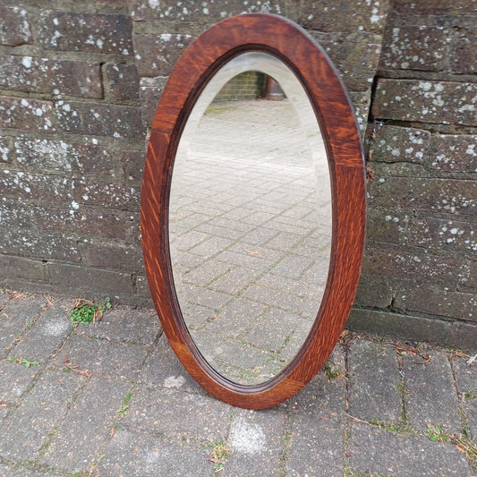 Superb 1920s Antique Oval Oak Wall Mirror – Bevelled Glass, Solid Wood Frame, Vintage Hallway Bathroom Bedroom Mirror, Original Patina