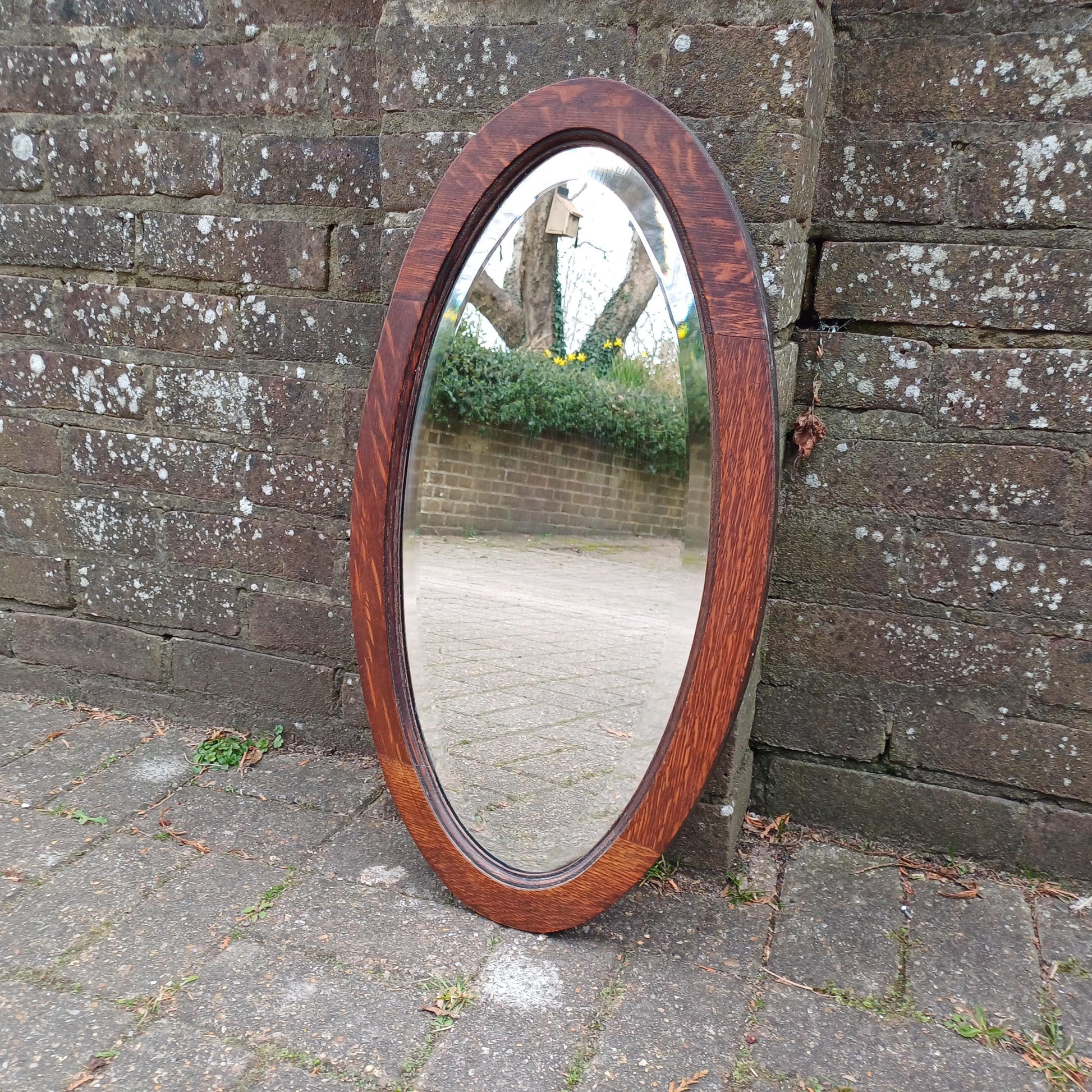 Superb 1920s Antique Oval Oak Wall Mirror – Bevelled Glass, Solid Wood Frame, Vintage Hallway Bathroom Bedroom Mirror, Original Patina
