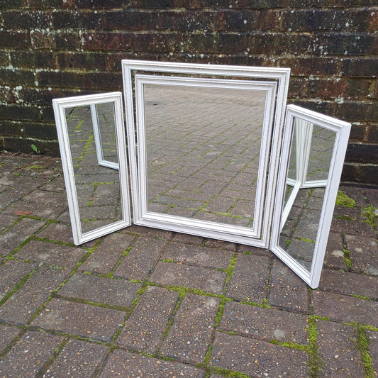 Vintage Retro Classic 70s Tri-Fold Painted White Dressing Table Adjustable Mirror Silver Highlights