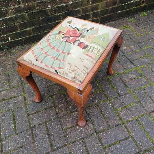Vintage Chippendale Revival Wooden Stool with Cabriole Legs, Needlepoint Seat, Tapestry Mahogany Frame - excellent stool mid-Century replica