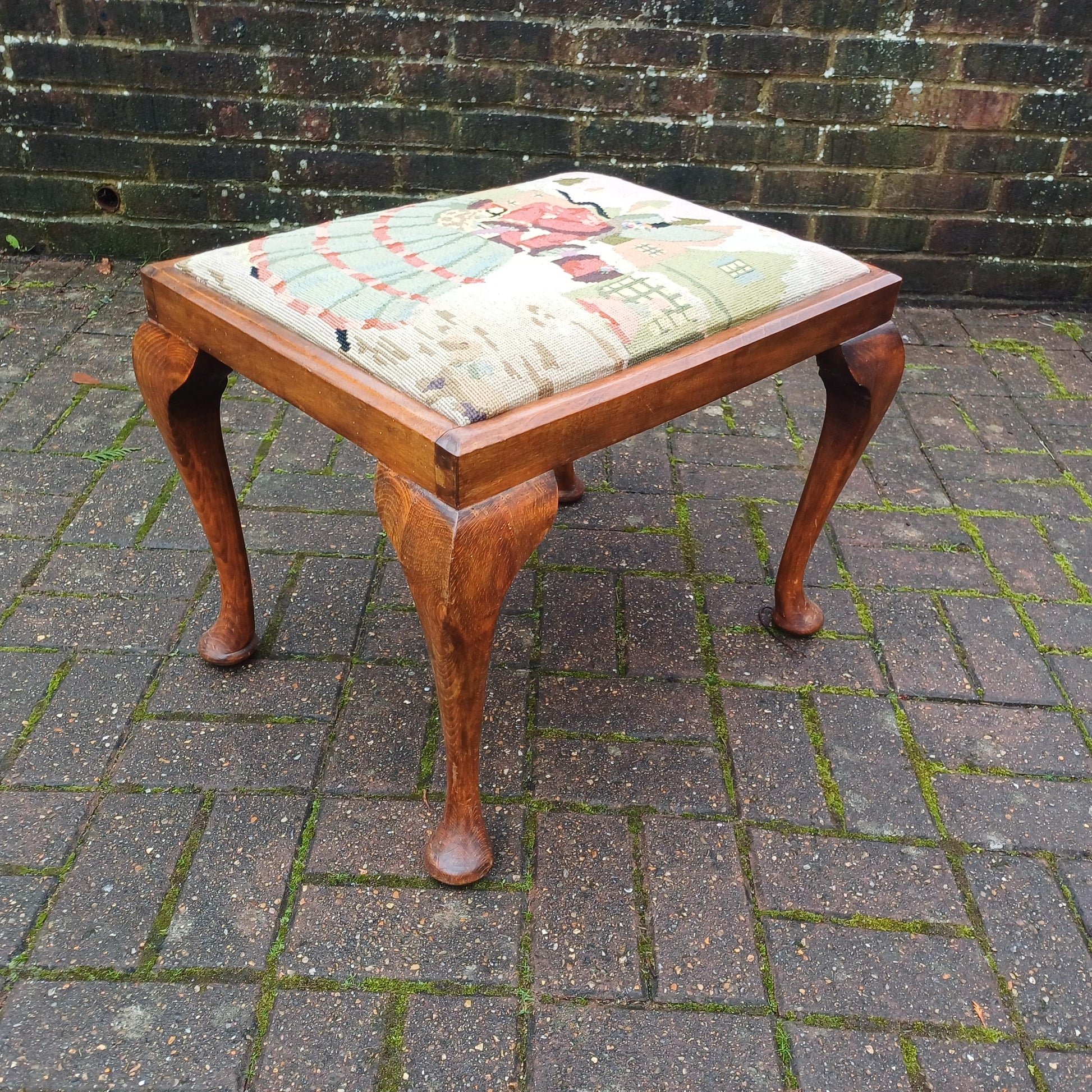 Vintage Chippendale Revival Wooden Stool with Cabriole Legs, Needlepoint Seat, Tapestry Mahogany Frame - excellent stool mid-Century replica