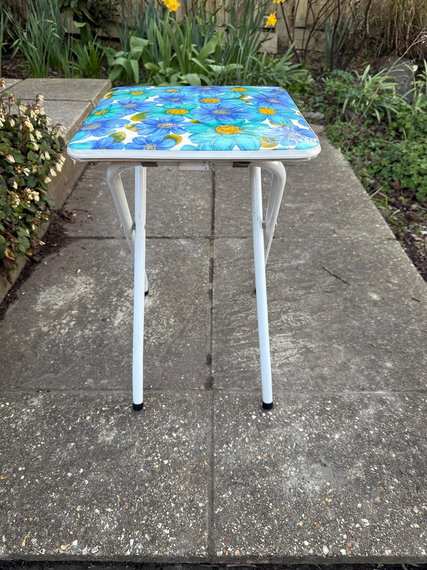 Retro Bright Blue Folding Floral Stool - vintage kitchen stool, folding stool, retro stool, playroom, art room stool