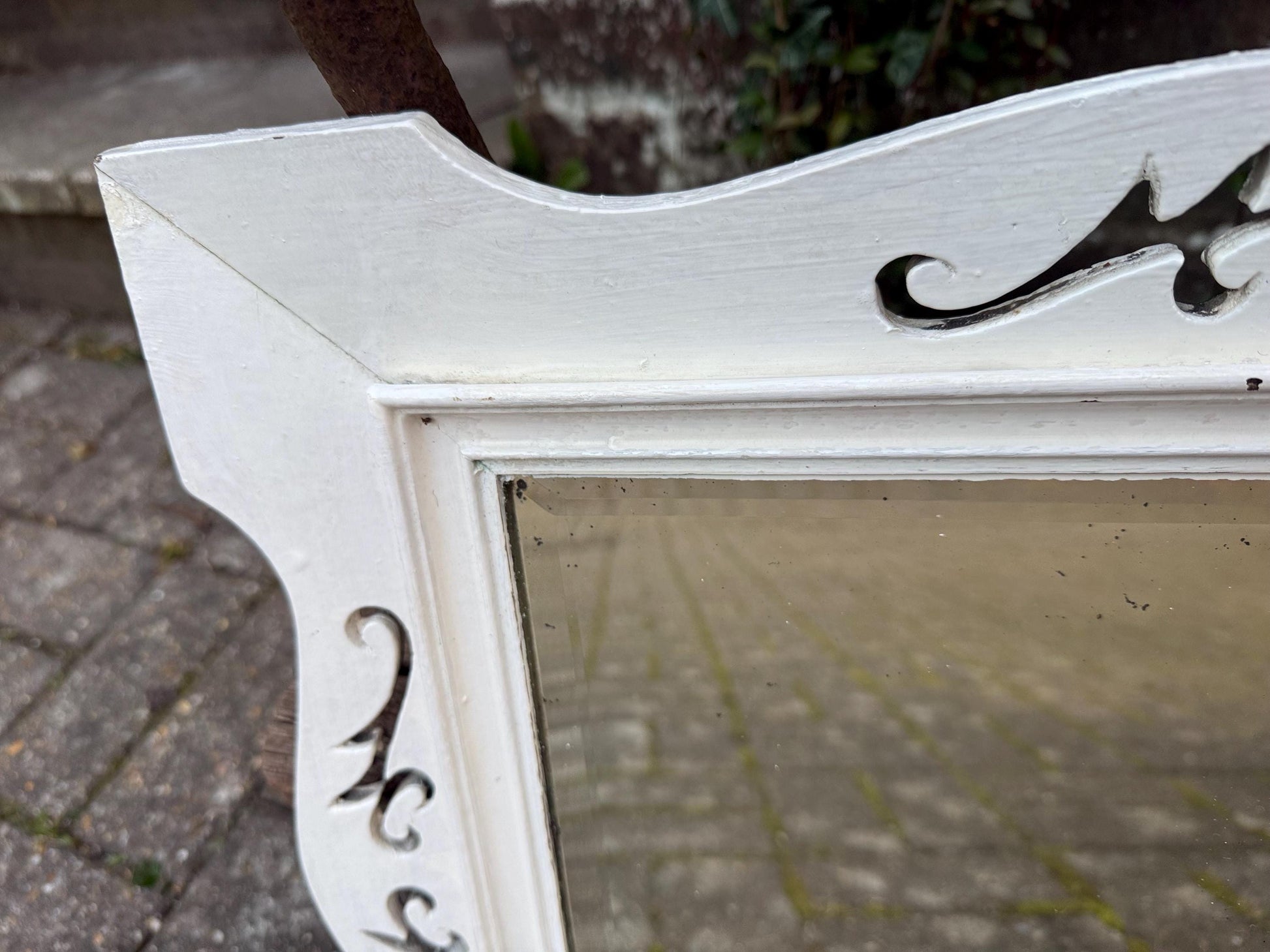 Antique painted wall mirror, decorated mirror frame, bevelled glass – attractive small painted vintage mirror (50cm x 40cm)