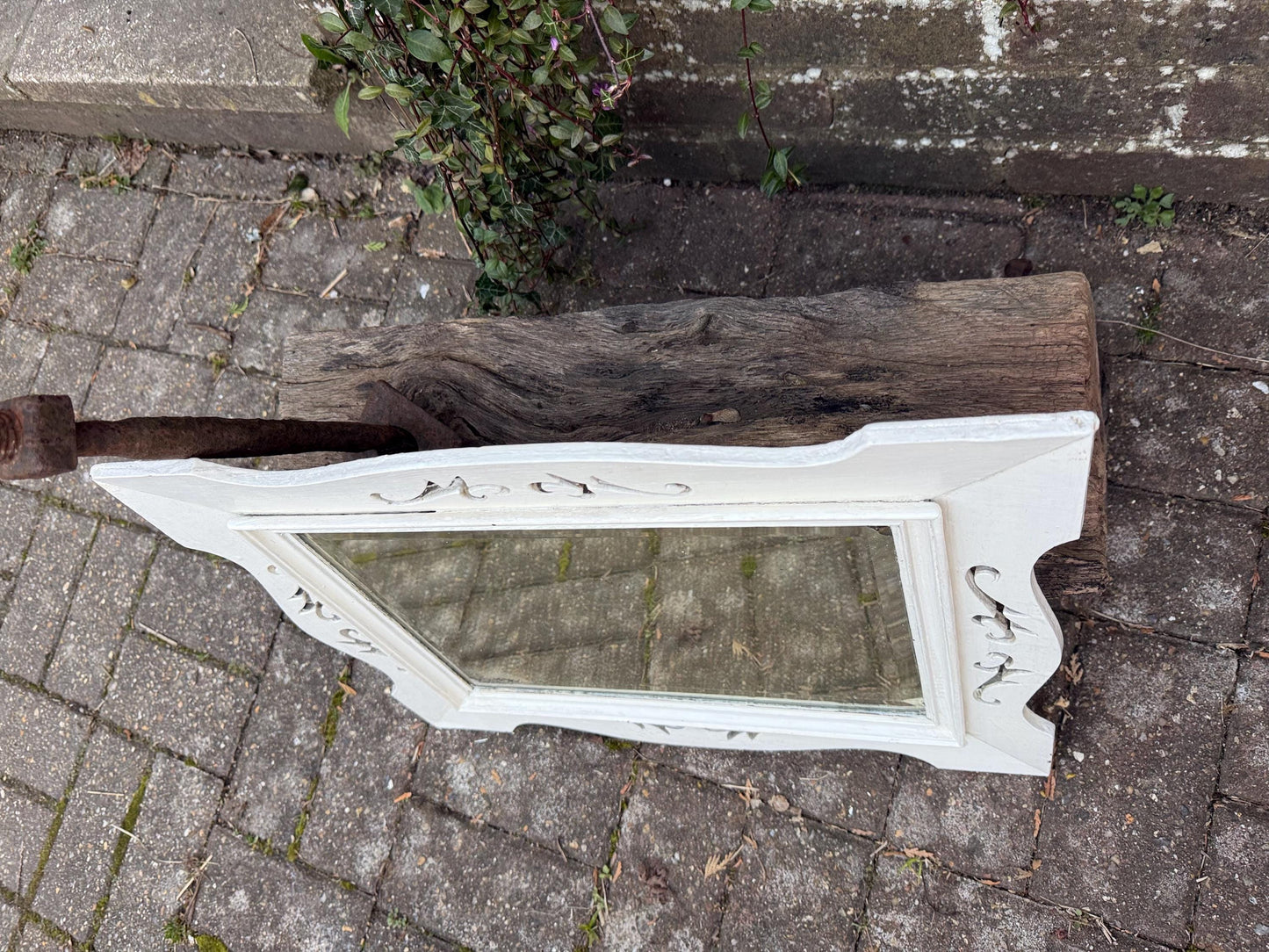 Antique painted wall mirror, decorated mirror frame, bevelled glass – attractive small painted vintage mirror (50cm x 40cm)