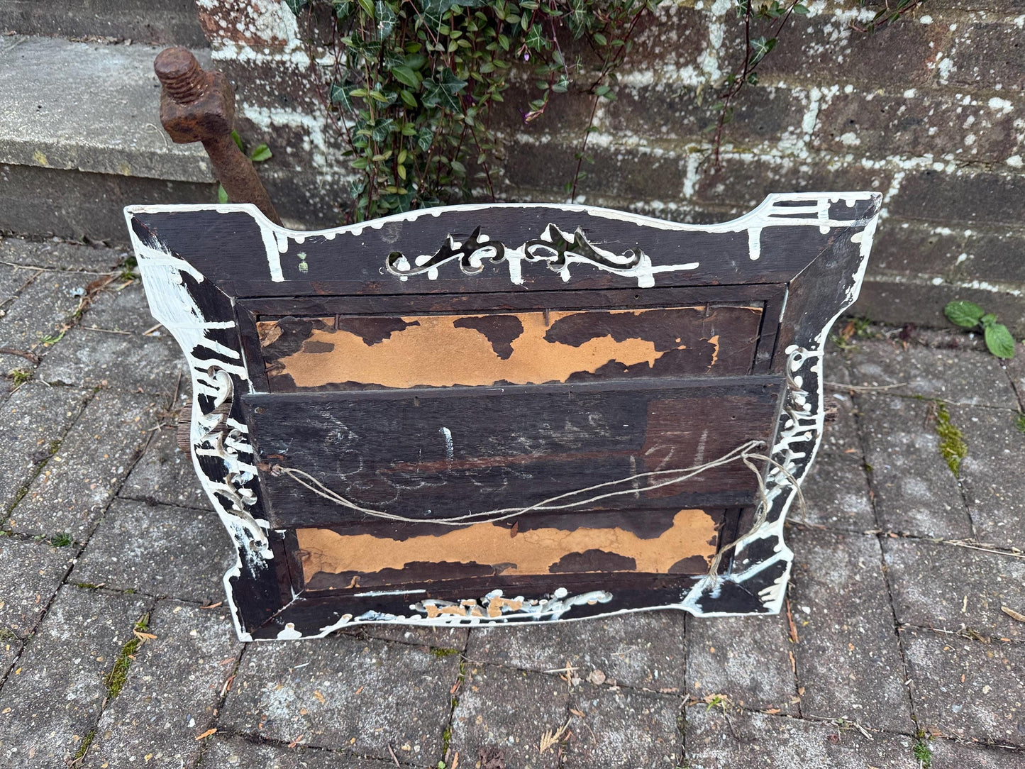 Antique painted wall mirror, decorated mirror frame, bevelled glass – attractive small painted vintage mirror (50cm x 40cm)