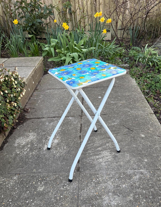retro floral blue, colourful vintage folding stool