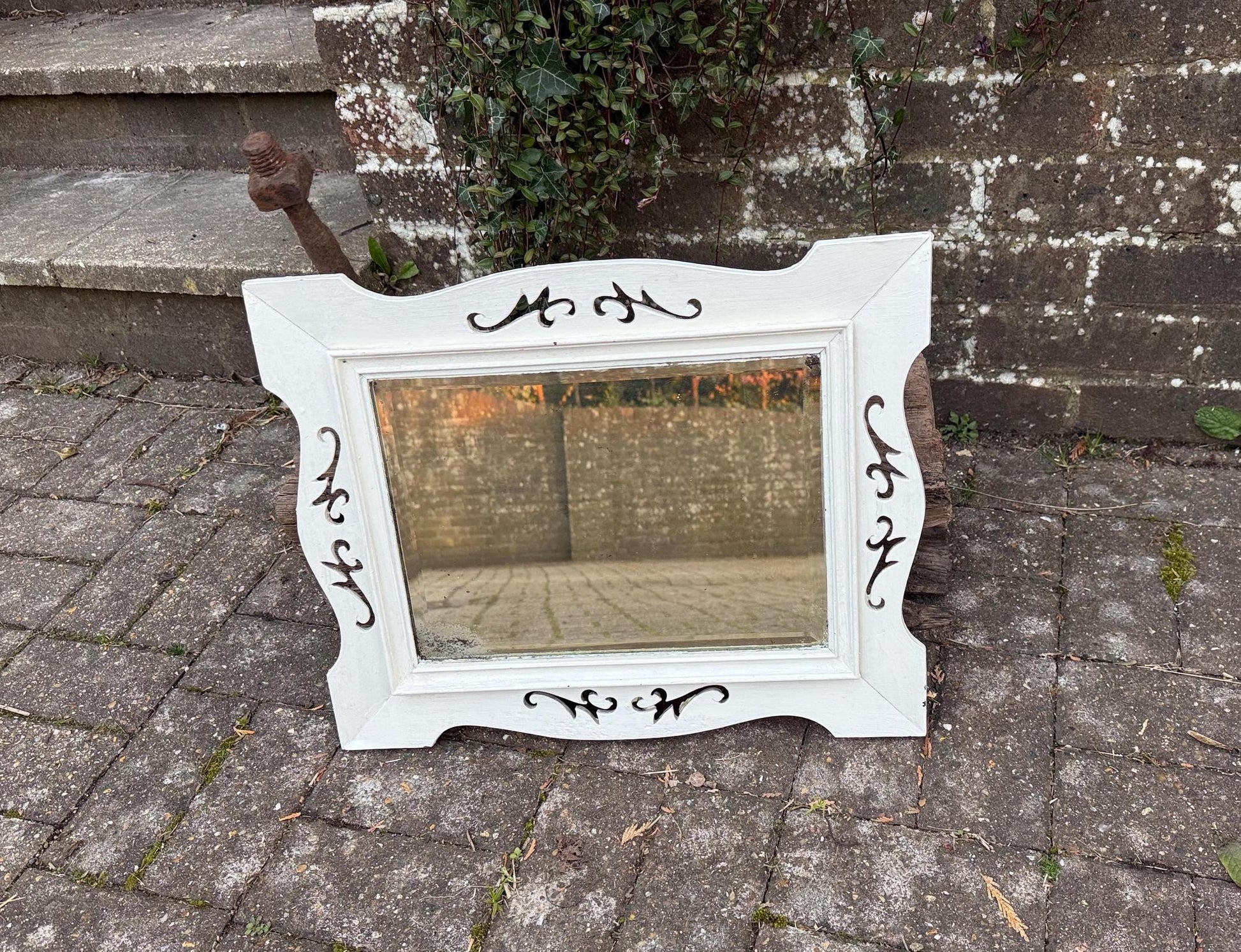 painted vintage antique wall mirror. small vintage white mirror. wooden vintage mirror